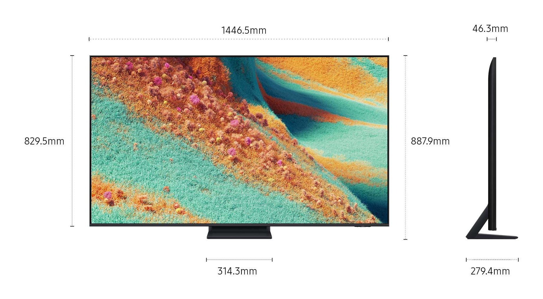 Una TV mostra le dimensioni. Lo schermo mostra un motivo astratto arancione e blu. La vista laterale mostra che la TV è sottile, con un supporto.
