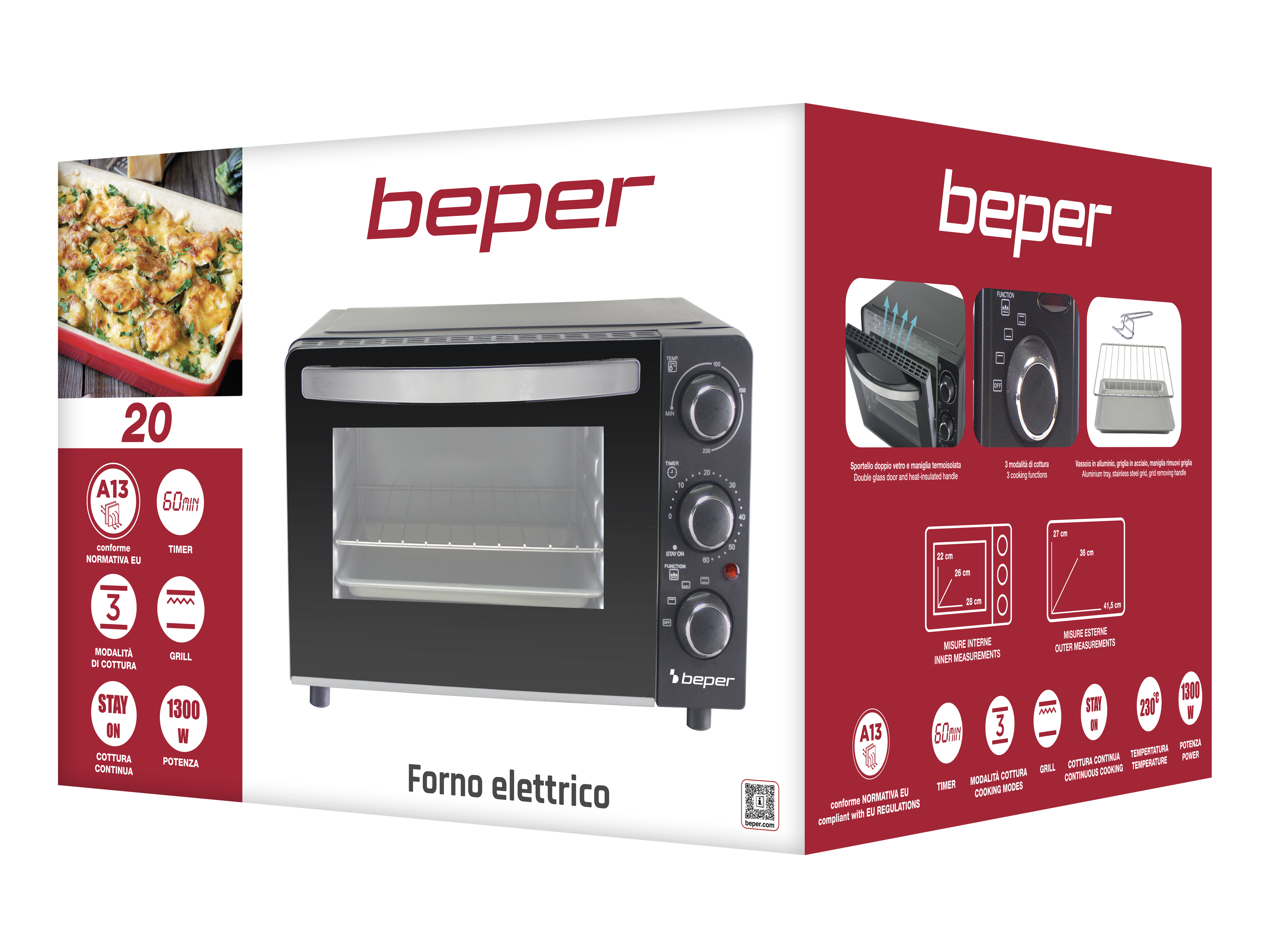 Scatola con forno elettrico nero, immagine cibo e dettagli prodotto. Logo Beper visibile.