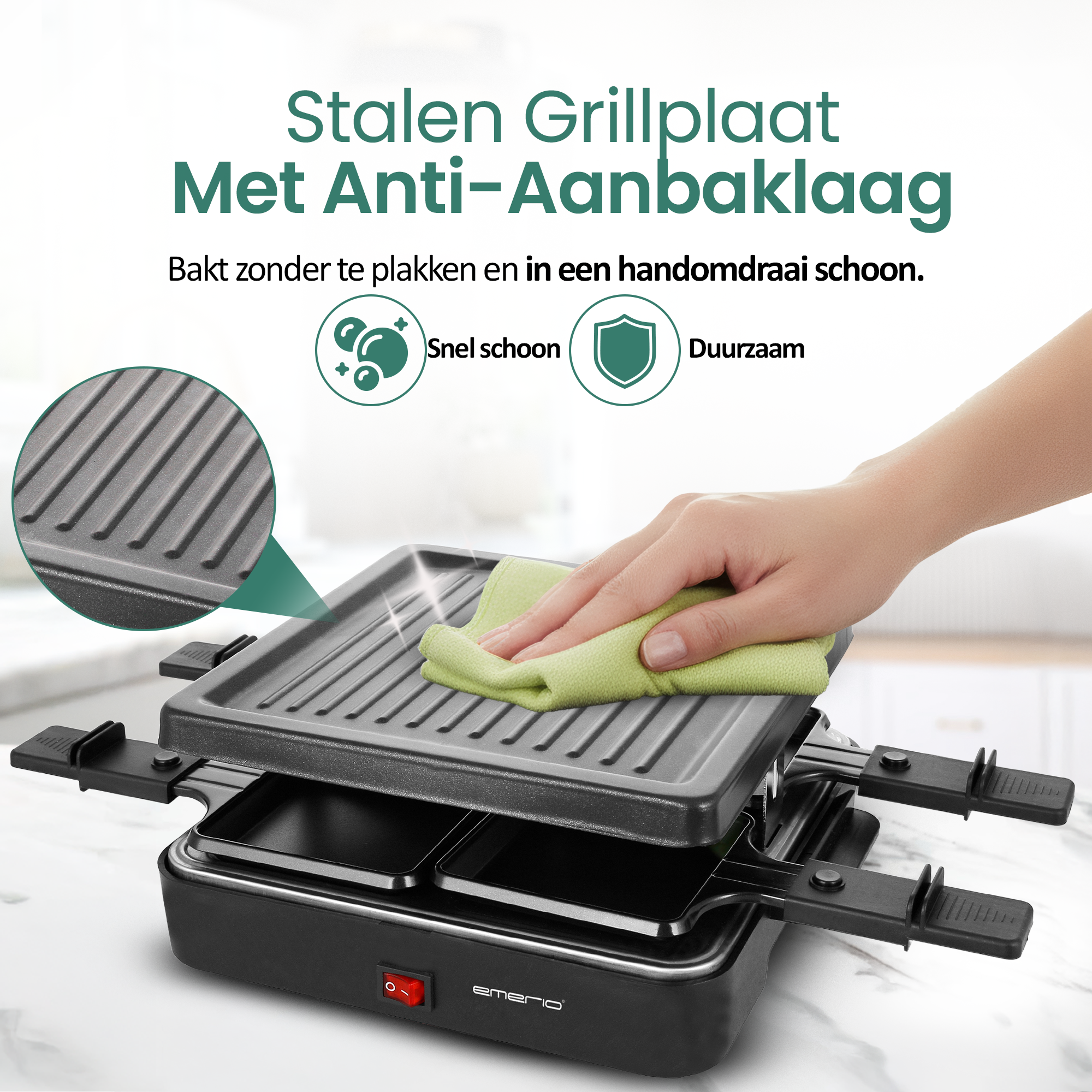 A black grill with a green cloth being used to clean it. Text says 'Stalen Grillplaat Met Anti-Aanbaklaag'.