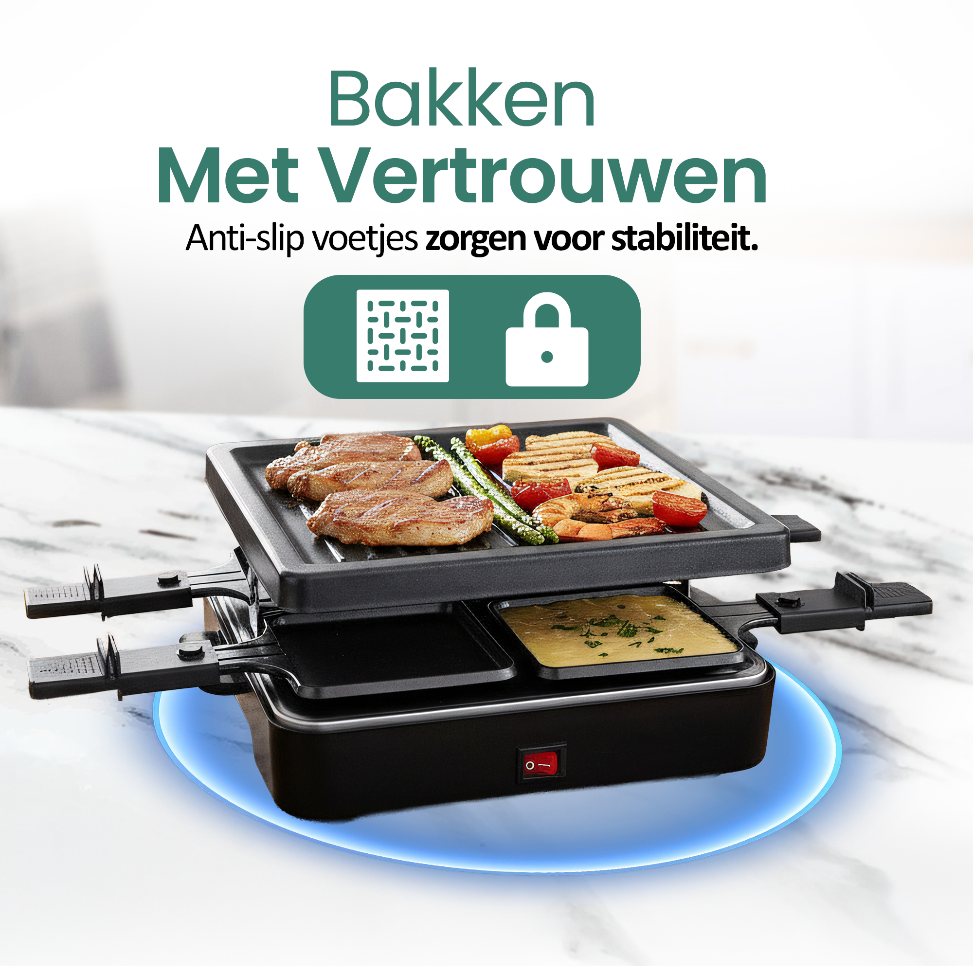 Raclette grill with food, including meat, vegetables, and cheese. Black base with blue light. Text: Bakken Met Vertrouwen.