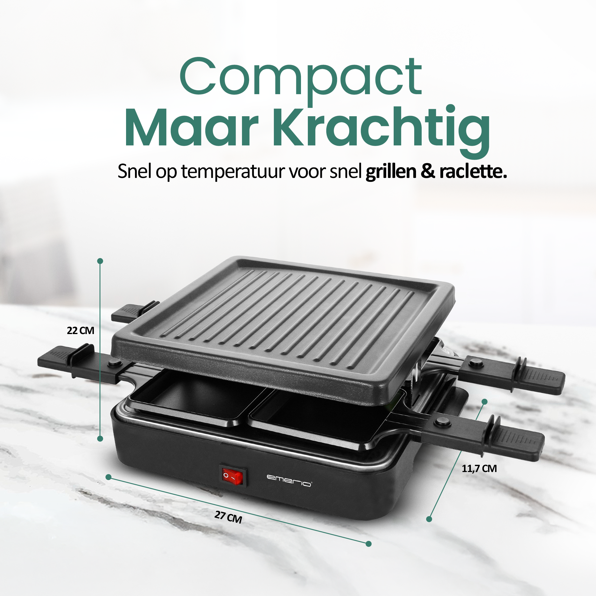 Black raclette grill with grill top and two trays below. Product dimensions are indicated on the image.