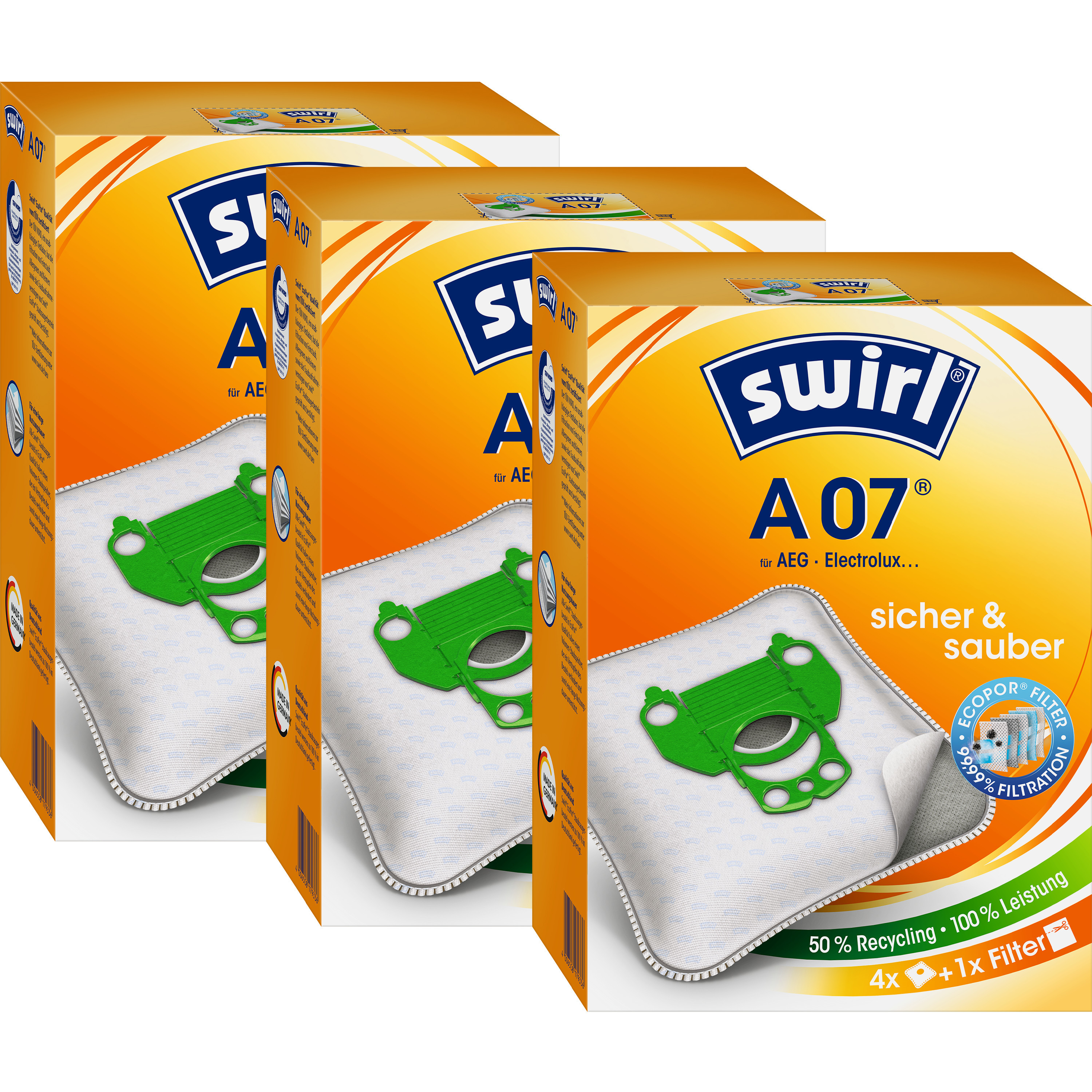 Drei Kartons mit Swirl A07 Staubsaugerbeuteln werden gezeigt. Jede Box hat grüne Filterteile.
