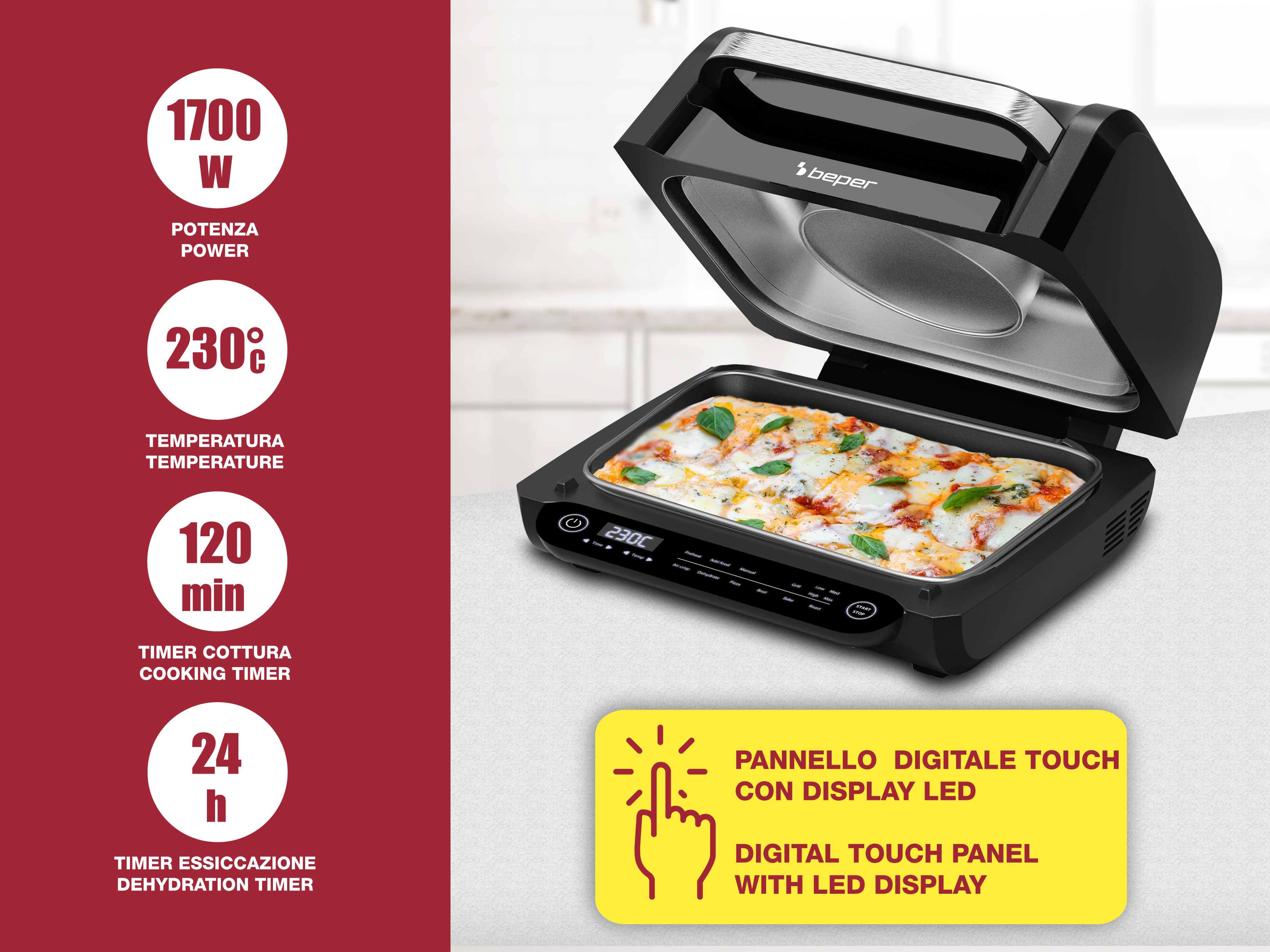 Forno per pizza nero con pannello touch digitale, pizza all'interno. Dettagli: potenza, temperatura, timer.