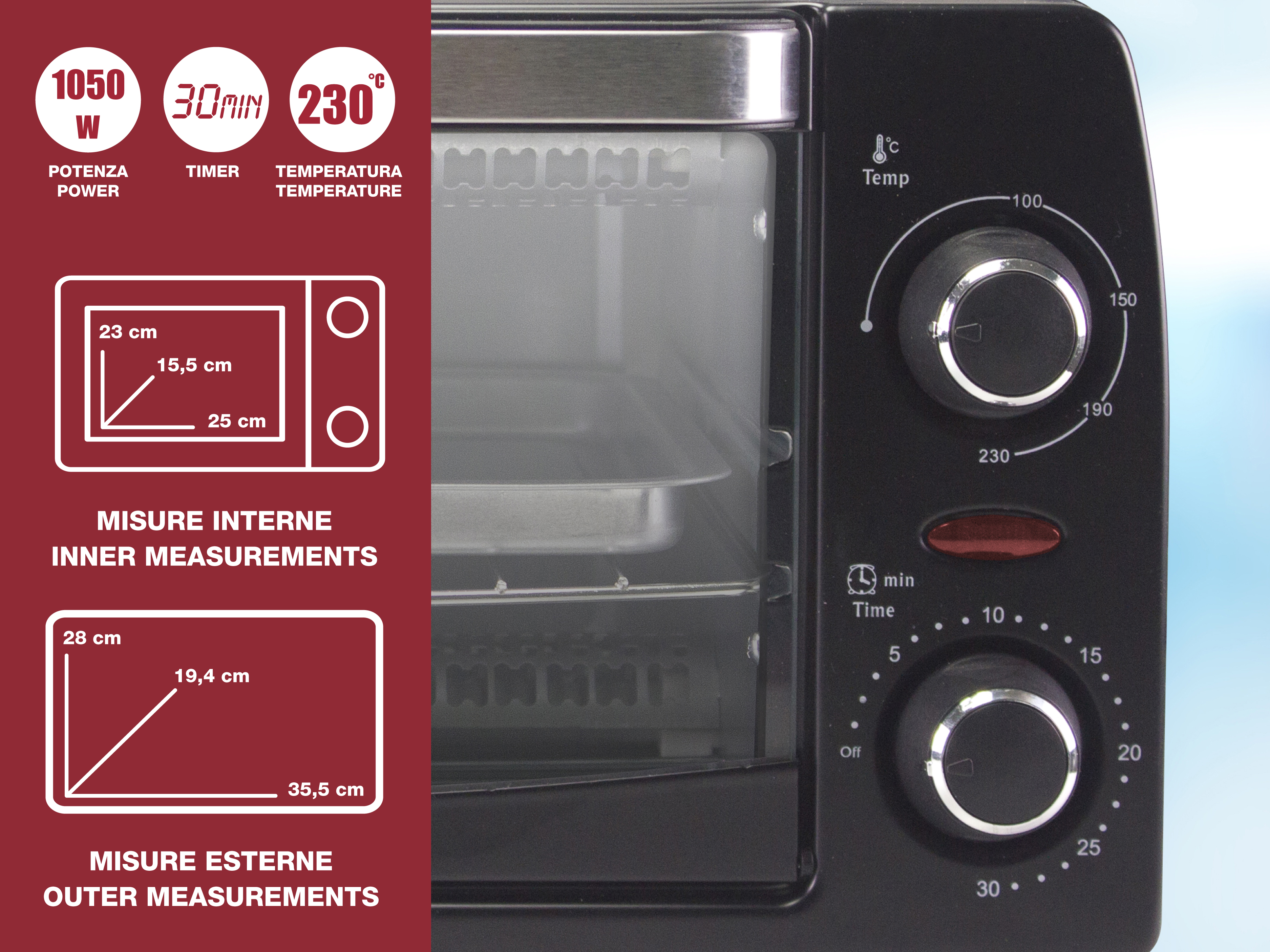 Un forno nero con comandi di temperatura e timer. Le misure e i dettagli di potenza sono visualizzati a sinistra.