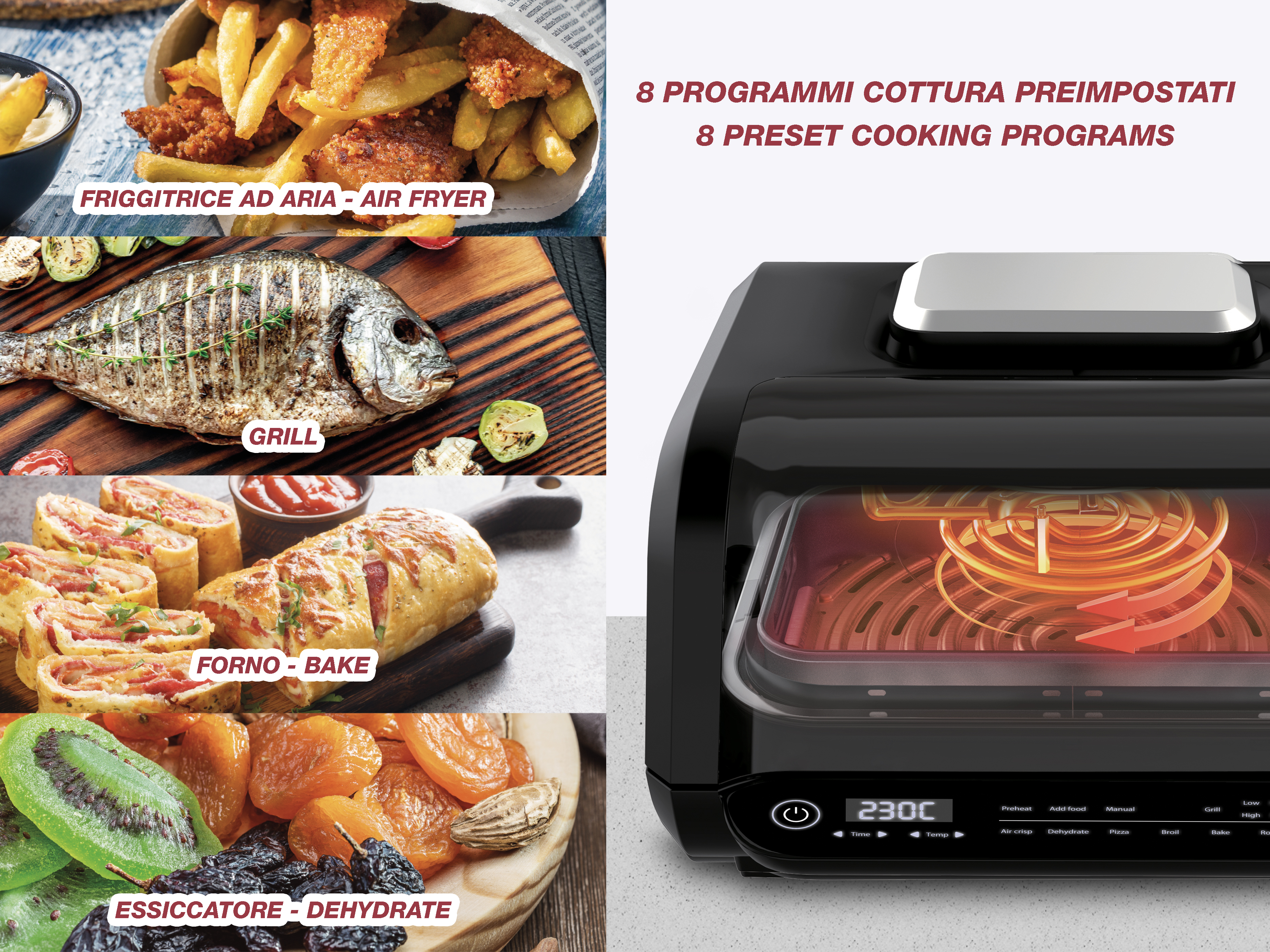 L'immagine mostra una friggitrice ad aria con opzioni di cottura: frittura ad aria, griglia, forno e disidratazione. C'è anche una vista del cibo.