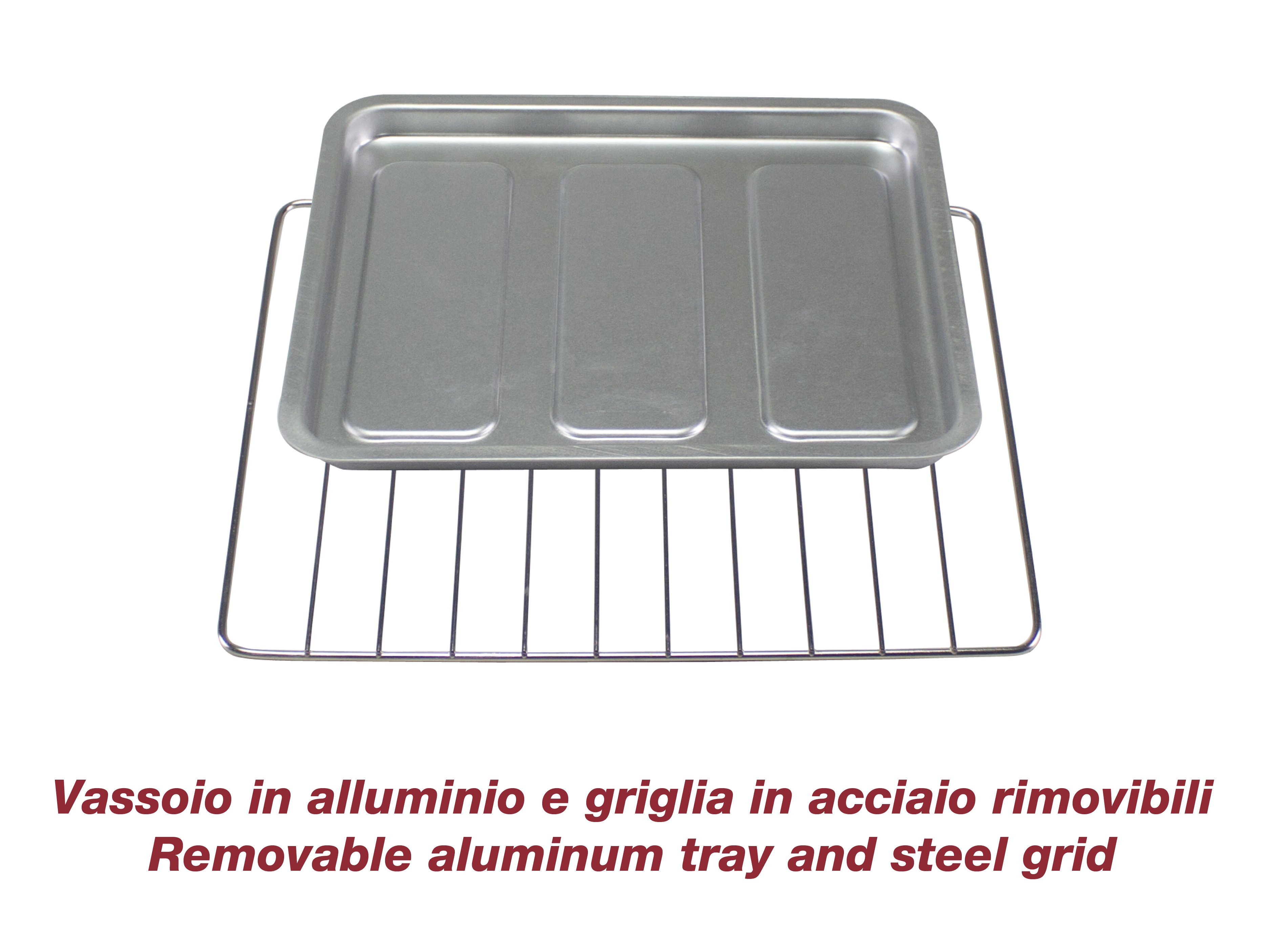 Un vassoio di metallo per forno su una griglia metallica, entrambi su sfondo bianco. Testo: 'Vassoio in alluminio e griglia in acciaio rimovibili'.