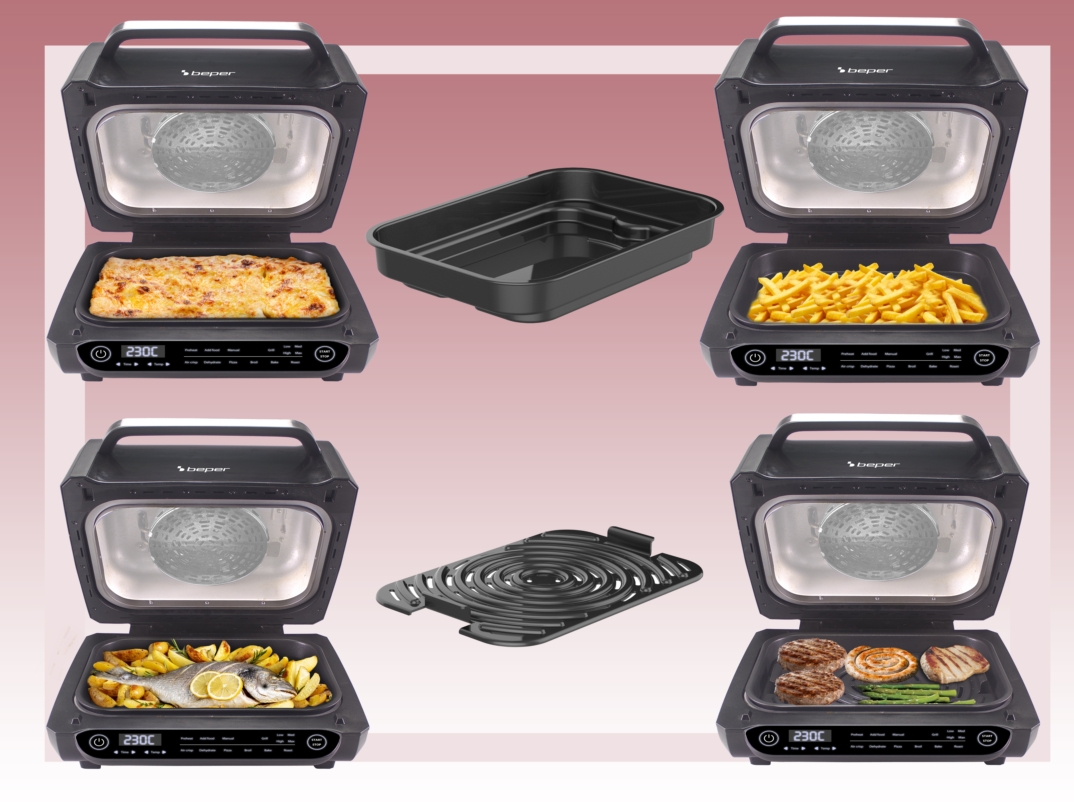 Una friggitrice ad aria aperta con lasagne, patatine fritte, grill, pesce e carne. Vengono mostrati un vassoio e una griglia neri.