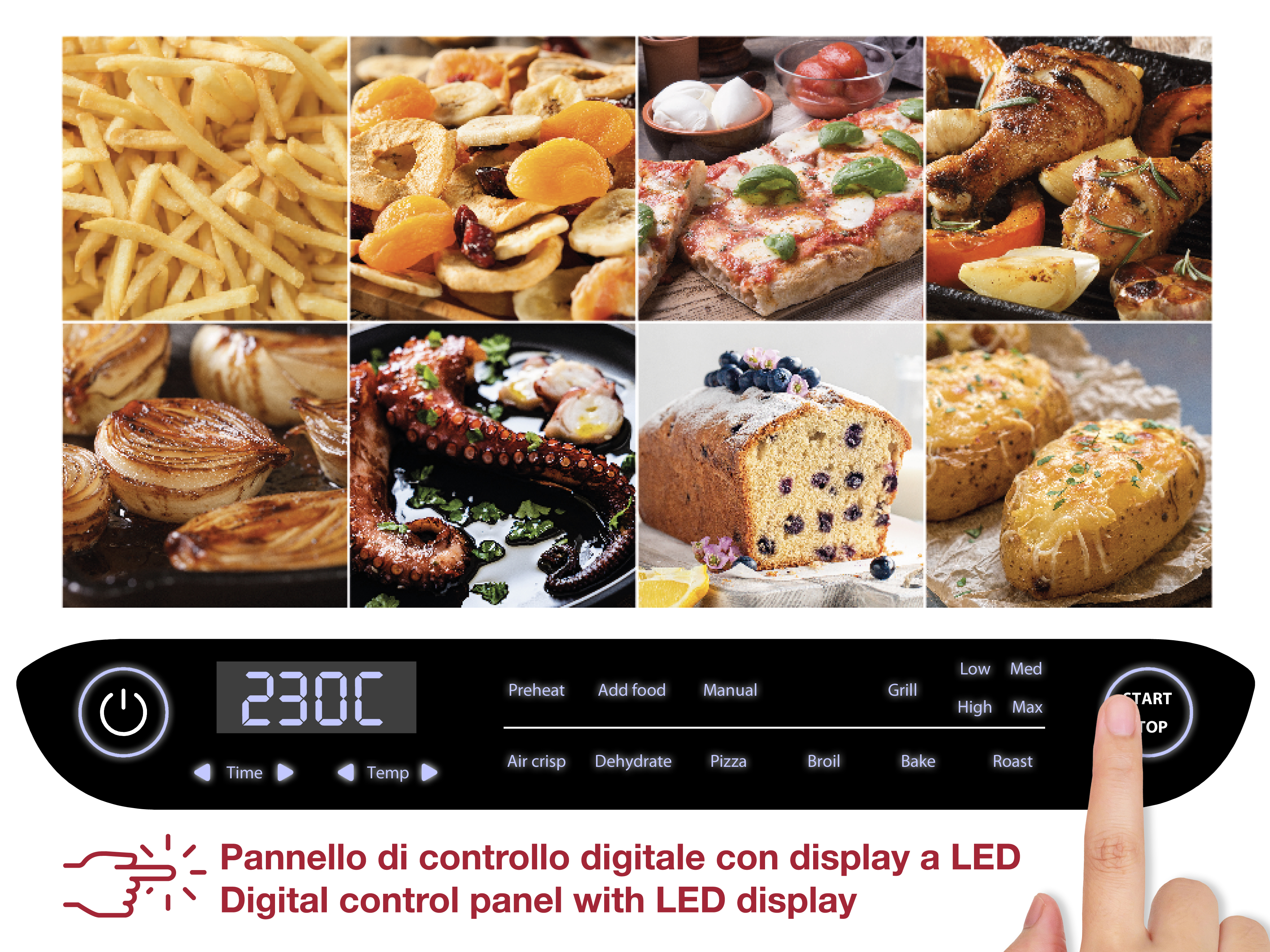 Un forno con pannello di controllo digitale e vari cibi, tra cui patatine fritte, pizza e pollo arrosto.