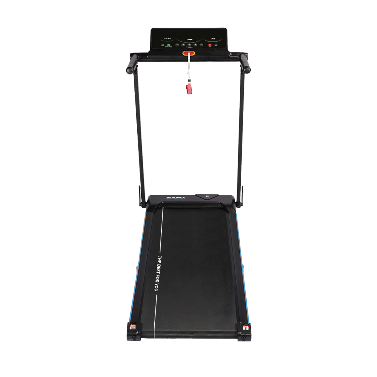 Una cinta de correr con superficie de carrera y panel de control negros. Tiene detalles azules y una llave de seguridad roja. Visible el texto 'THE BEST FOR YOU'.
