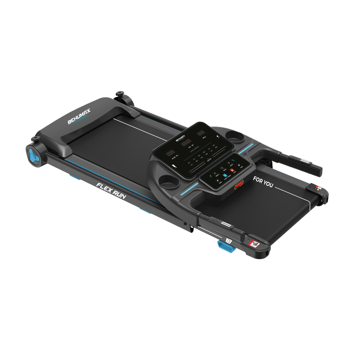 Una cinta de correr plegable negra y gris con pantalla digital, detalles en azul y las palabras FLEX RUN y FOR YOU.