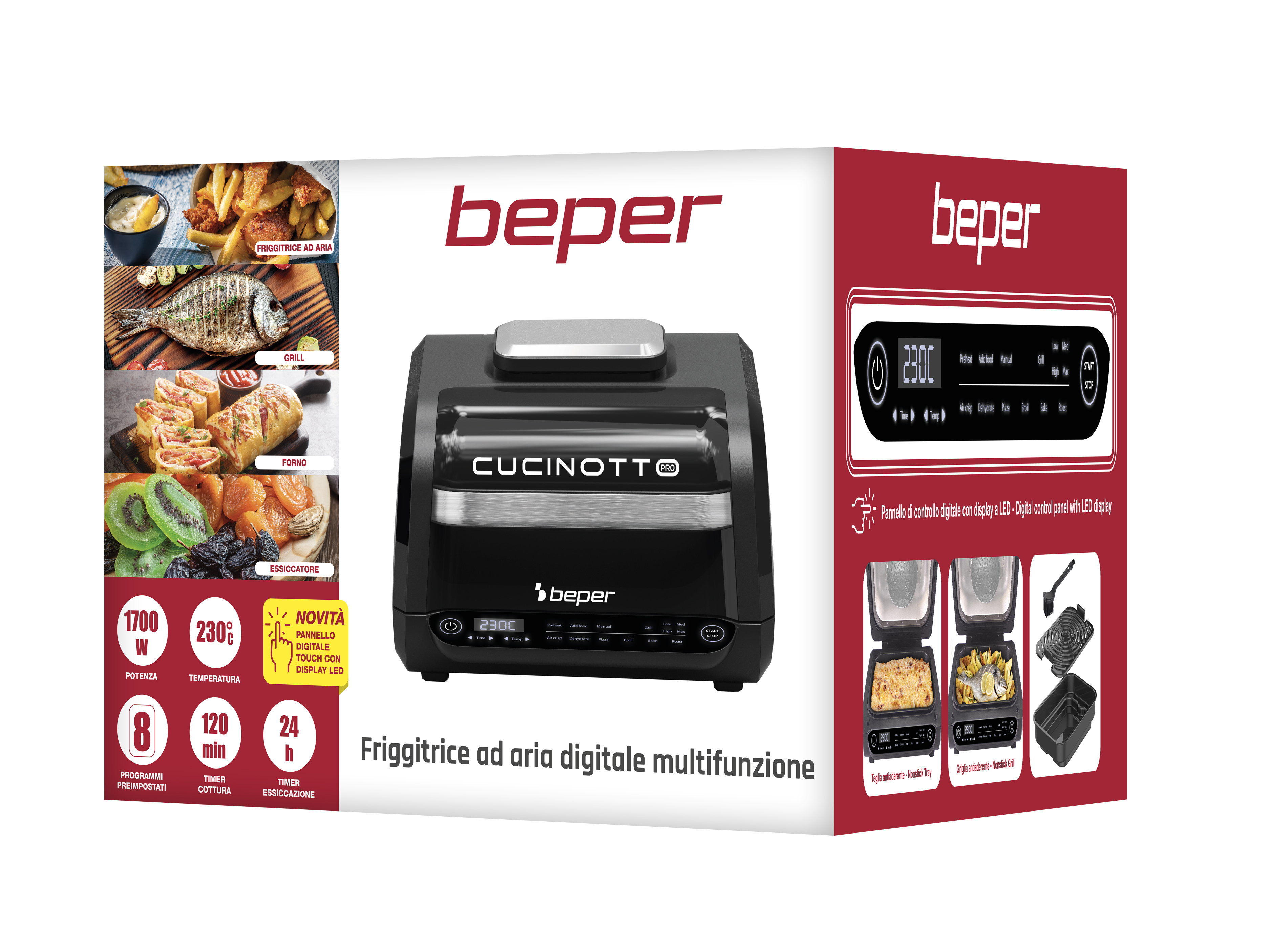 Una friggitrice ad aria con pannello di controllo digitale. Mostra immagini di cibo e impostazioni di cottura. Il marchio è 'beper'.
