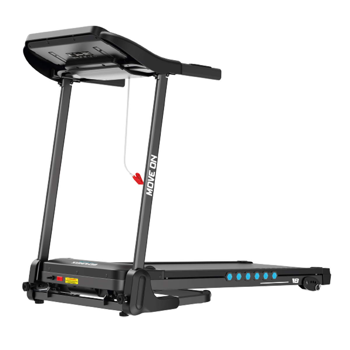 Una cinta de correr negra con pantalla, pasamanos y llave de seguridad. La marca "MOVE ON" es visible. Luces azules en el lateral.