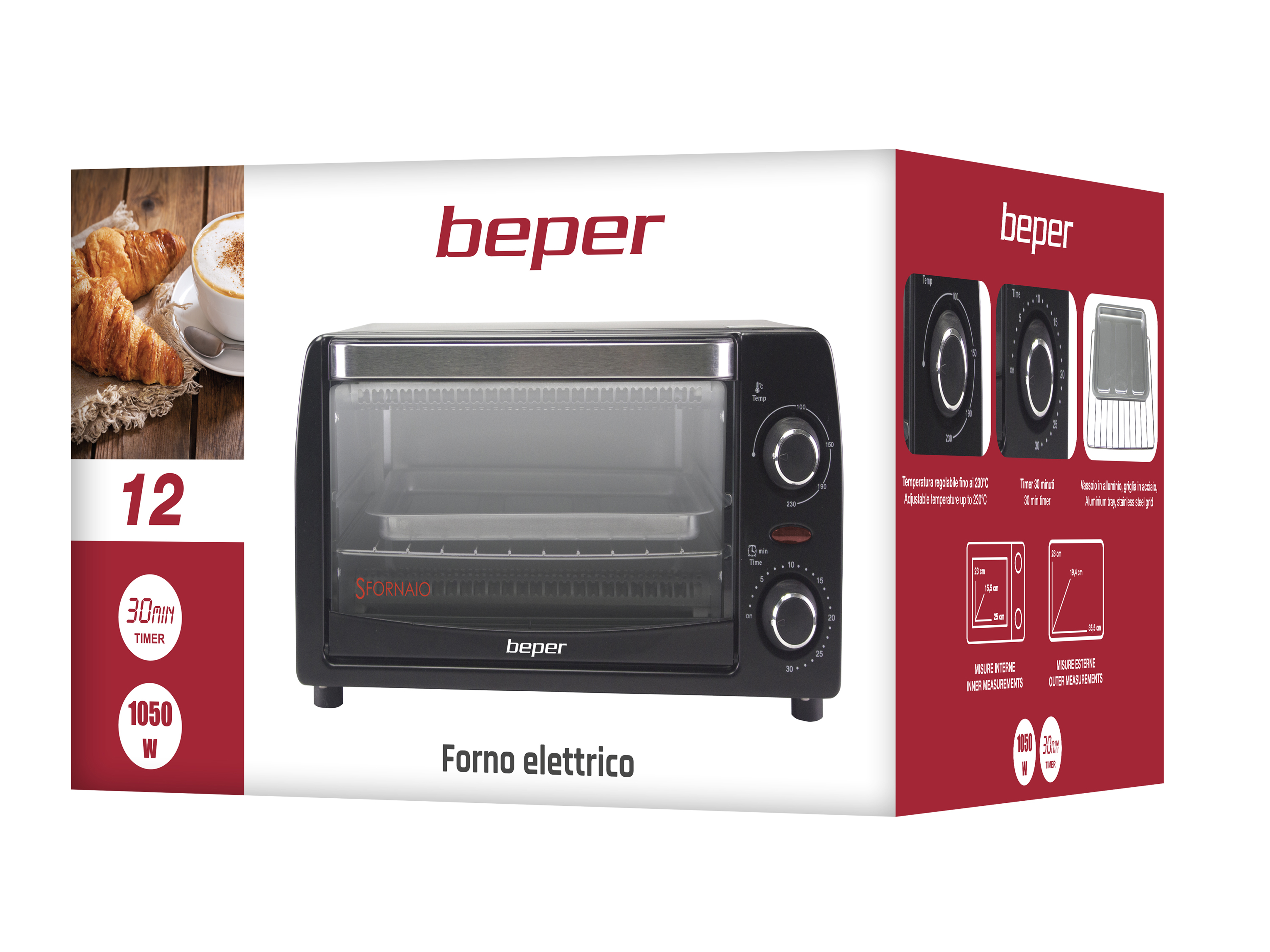 Un forno elettrico con timer e comandi della temperatura, una tazza di caffè e croissant.