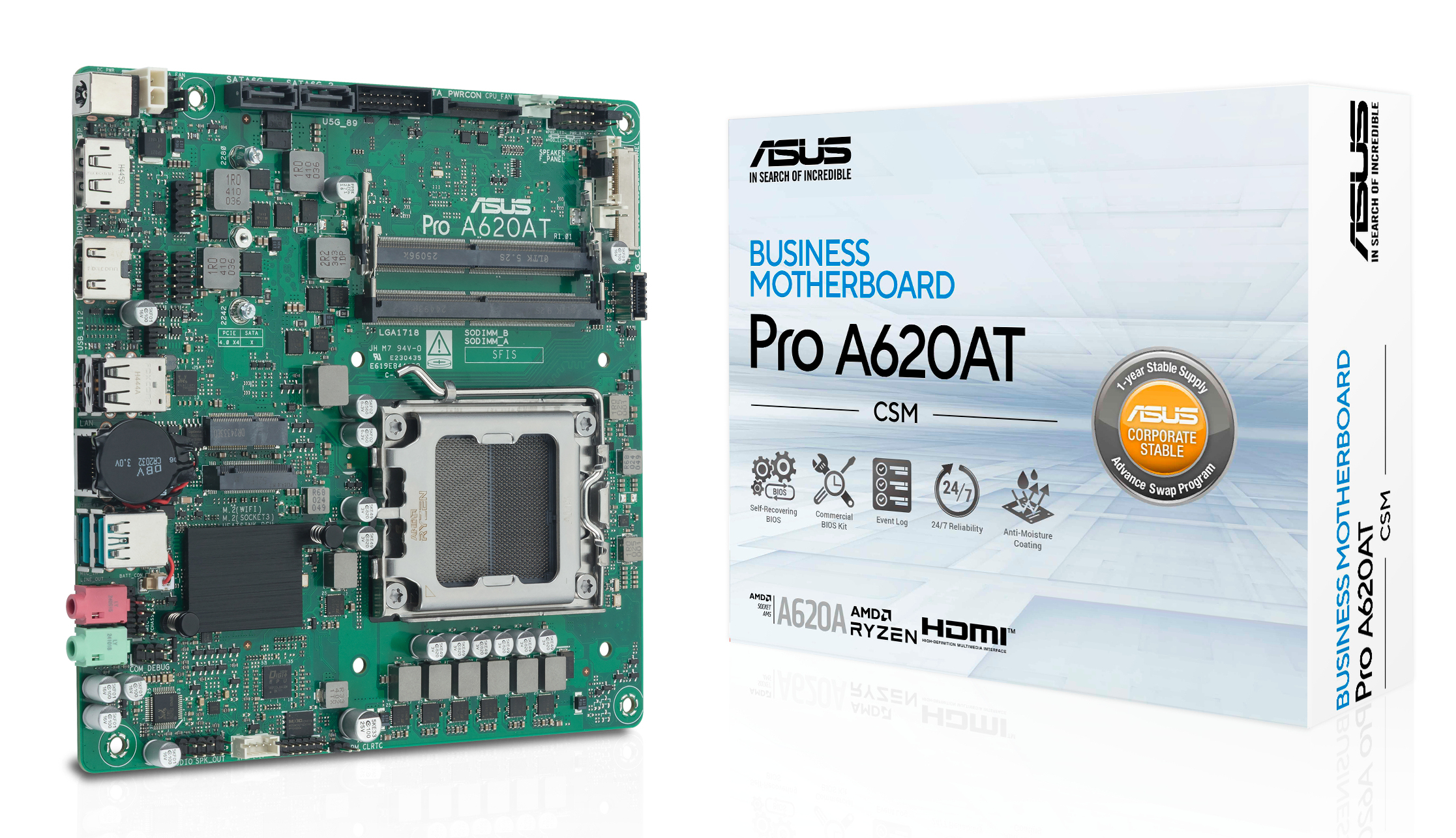 Yeşil bir bilgisayar anakartı ve ASUS logolu bir kutu. Kutuda 'Pro A620AT' ve 'Business Motherboard' yazıyor.