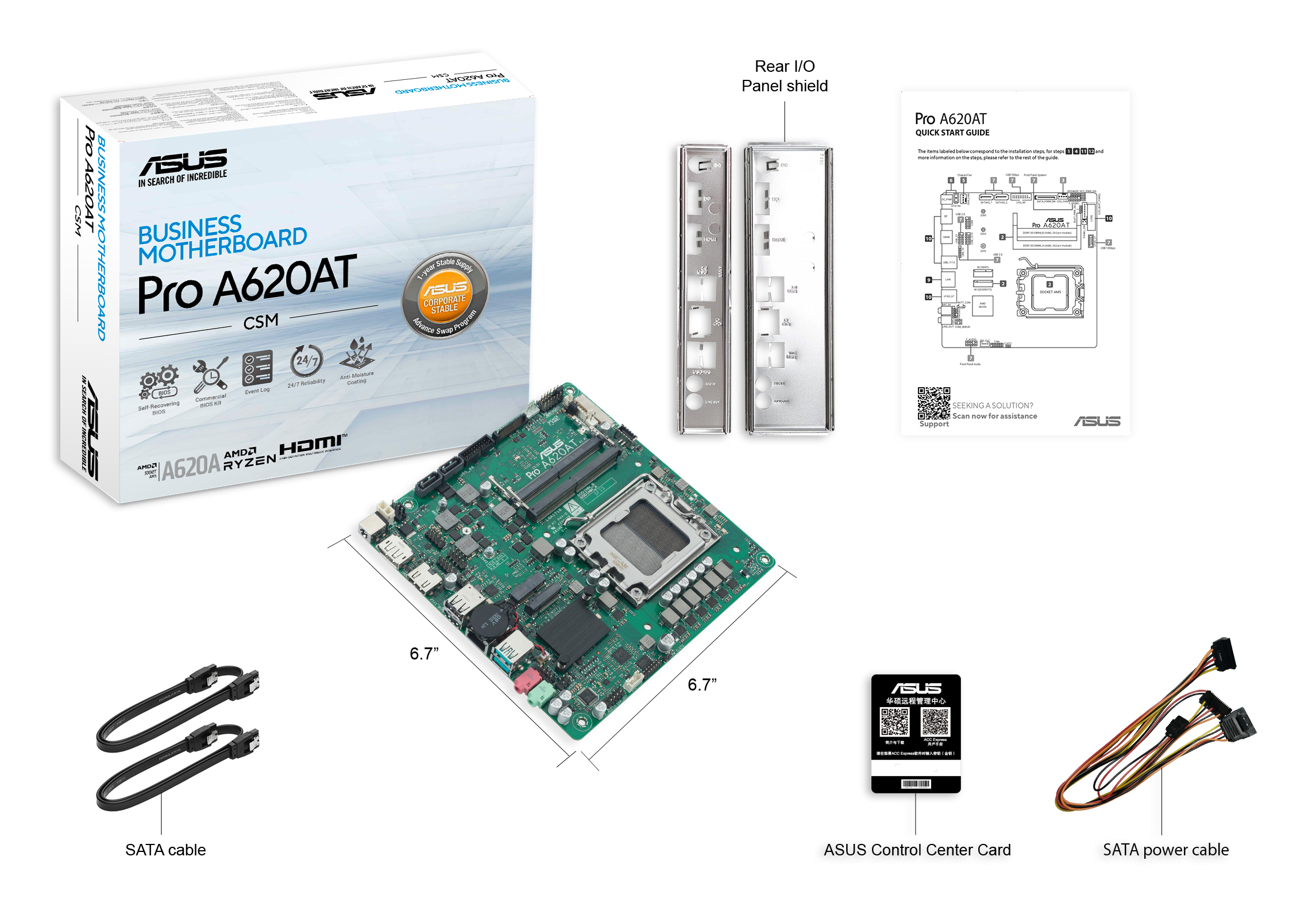ASUS Pro A620AT anakart, kablolar ve belgeler beyaz bir yüzeyde sergileniyor.