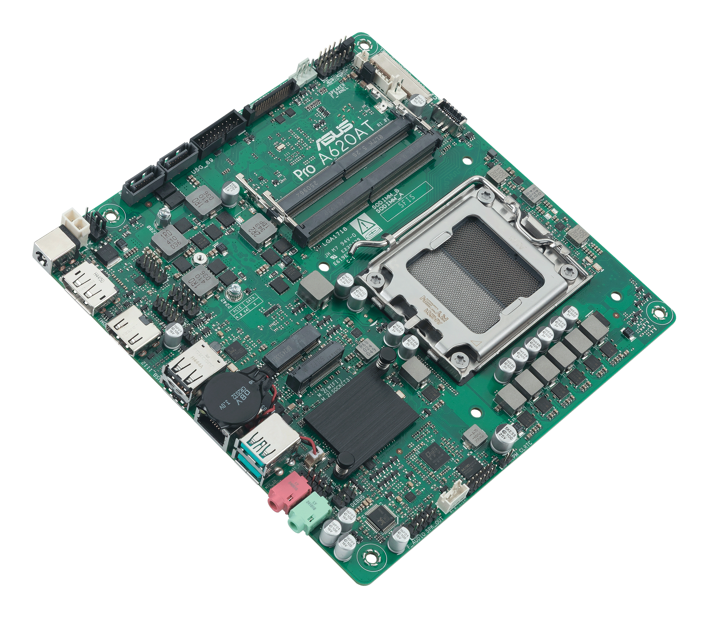 Çeşitli çipler, konektörler ve bir CPU soketi içeren yeşil bir devre kartı.