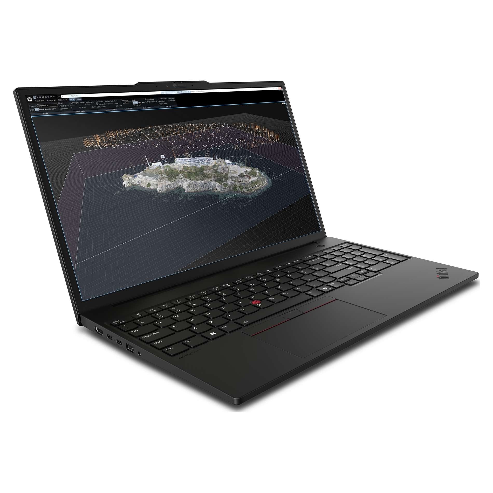 Un laptop nero mostra un modello 3D di un'isola. La tastiera è visibile. Lo schermo mostra un'interfaccia software.