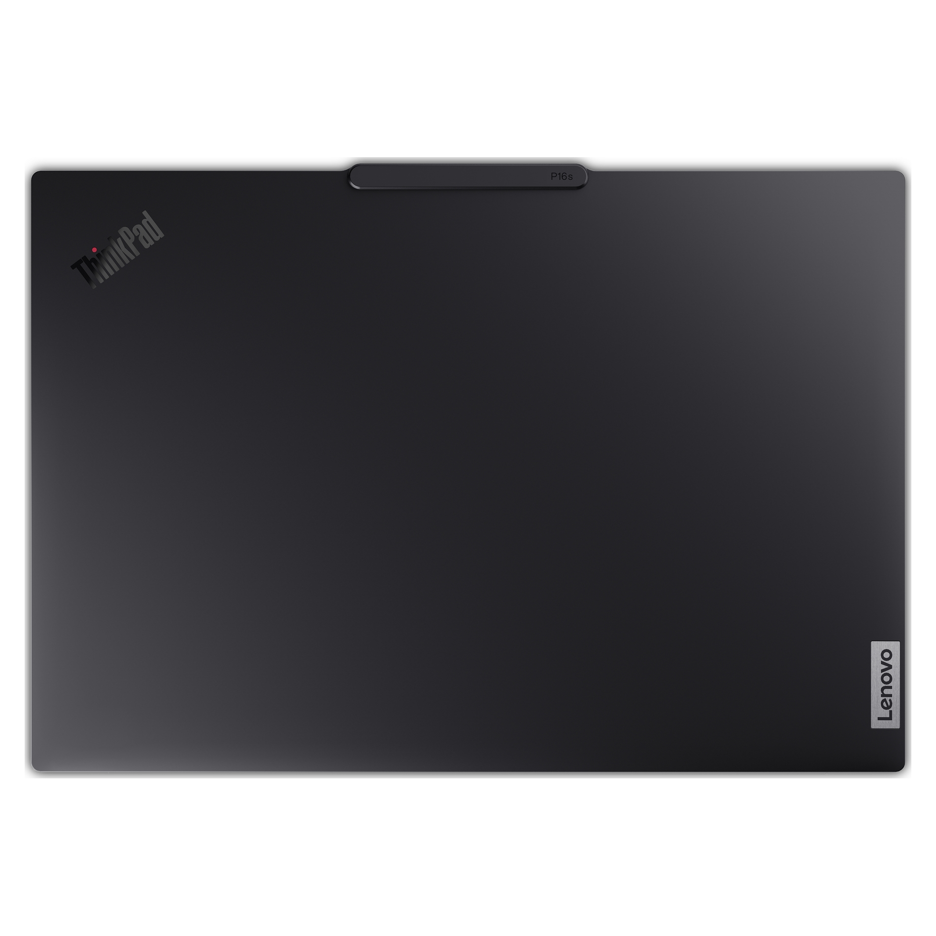 Un laptop nero con il logo ThinkPad in alto a sinistra e Lenovo in basso a destra. Il modello è P16s.