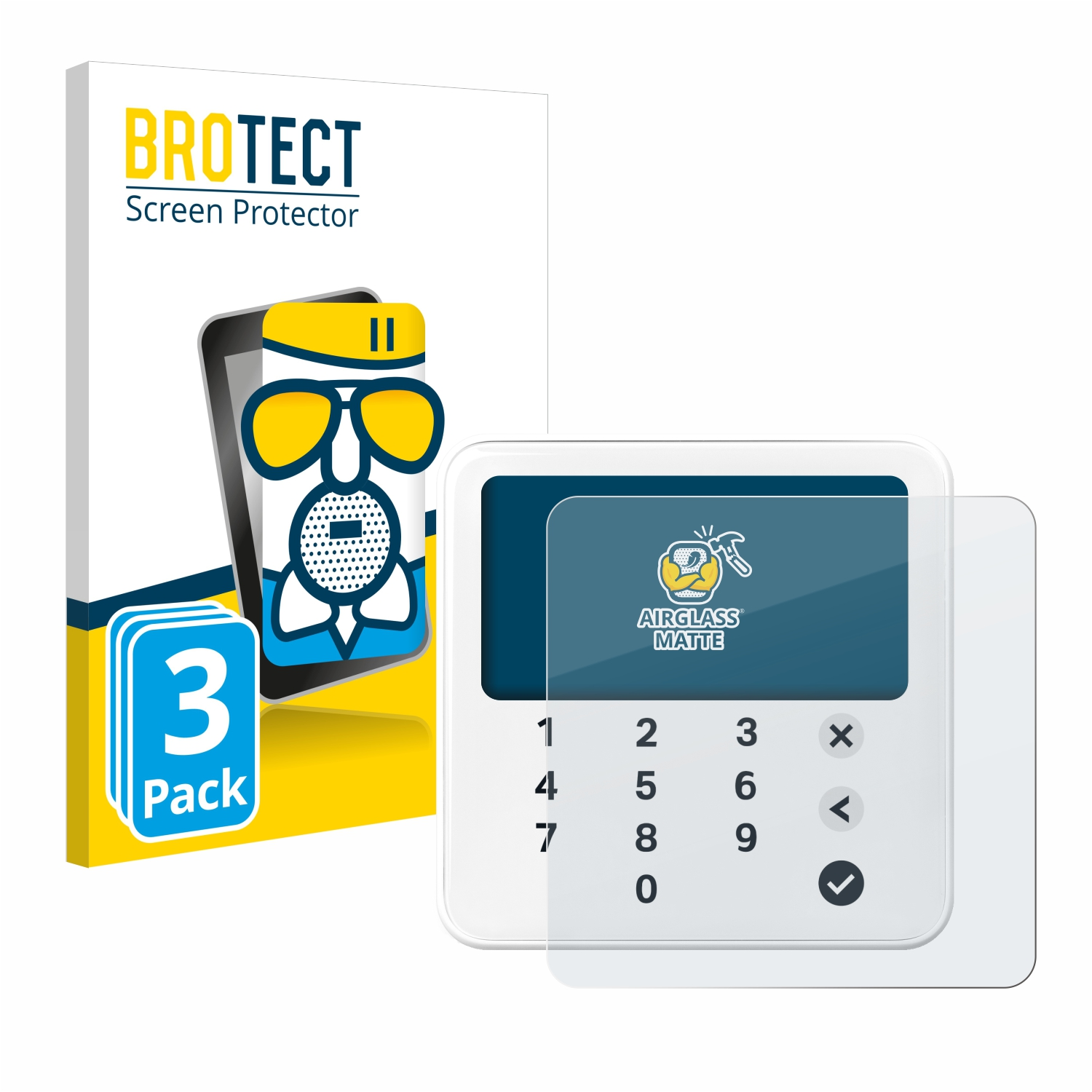 Eine Displayschutzbox mit Telefondarstellung, ein weißes Quadrat mit Zahlen und eine Schutzfolie. 'BROTECT' und '3er Pack' sind sichtbar.