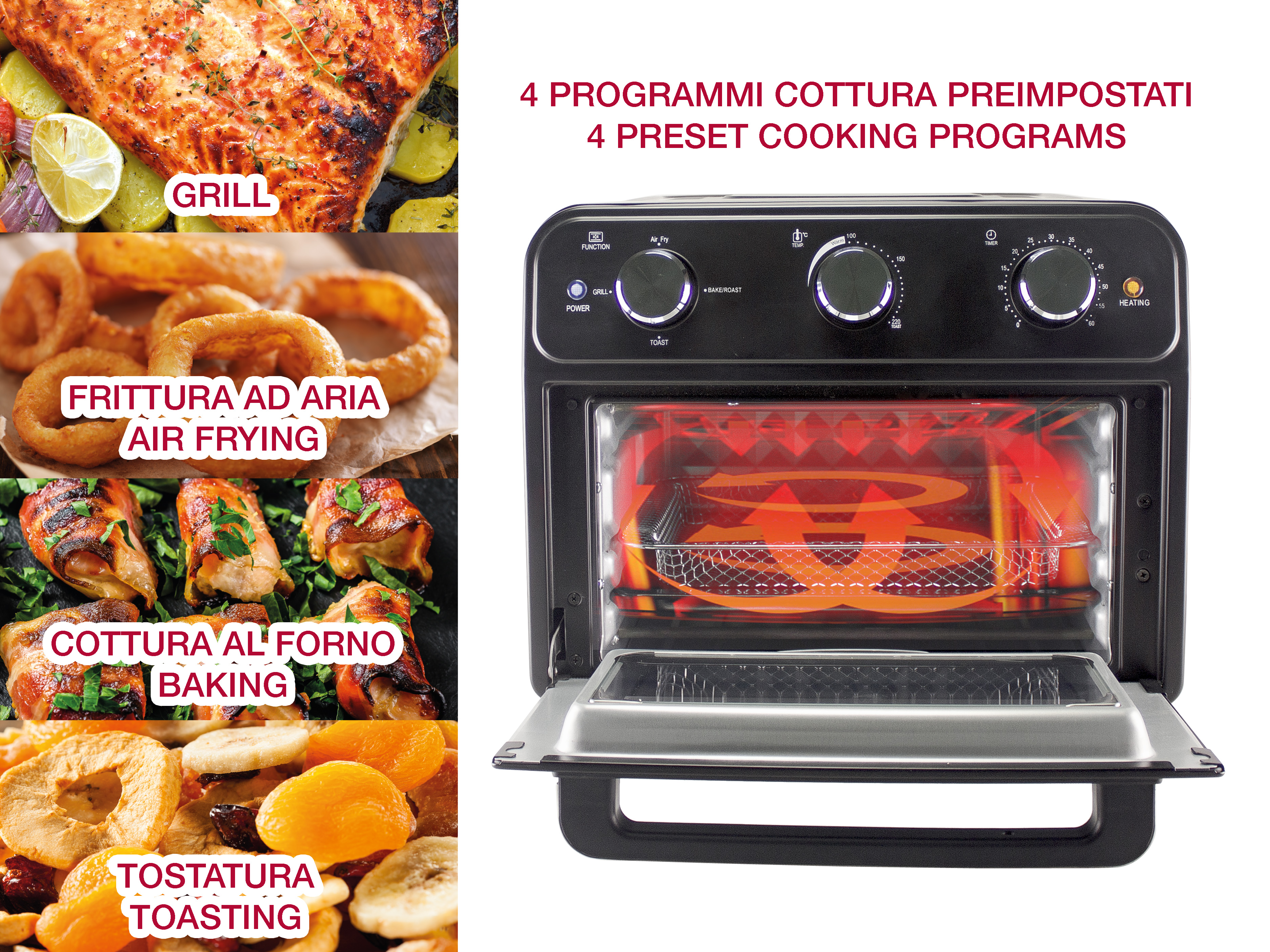Una friggitrice ad aria con esempi di cibo: salmone grigliato, anelli di cipolla, pollo al forno e frutta secca. Controlli visibili.