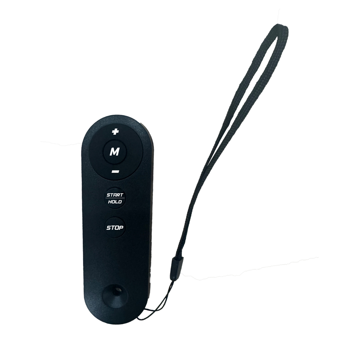 Un mando a distancia negro con botones de más, menos, M, inicio/mantener y detener. Tiene un cordón negro adjunto.