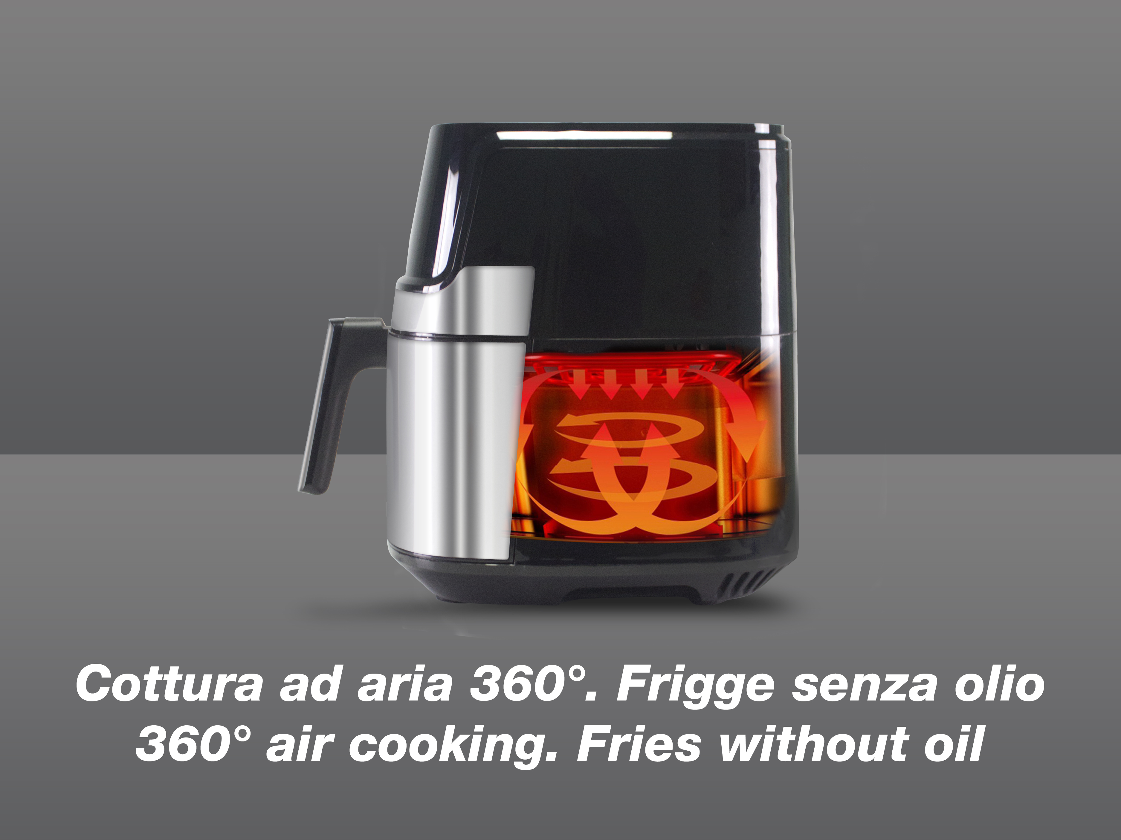 Friggitrice ad aria con corpo nero e argento, che mostra il processo di cottura.
