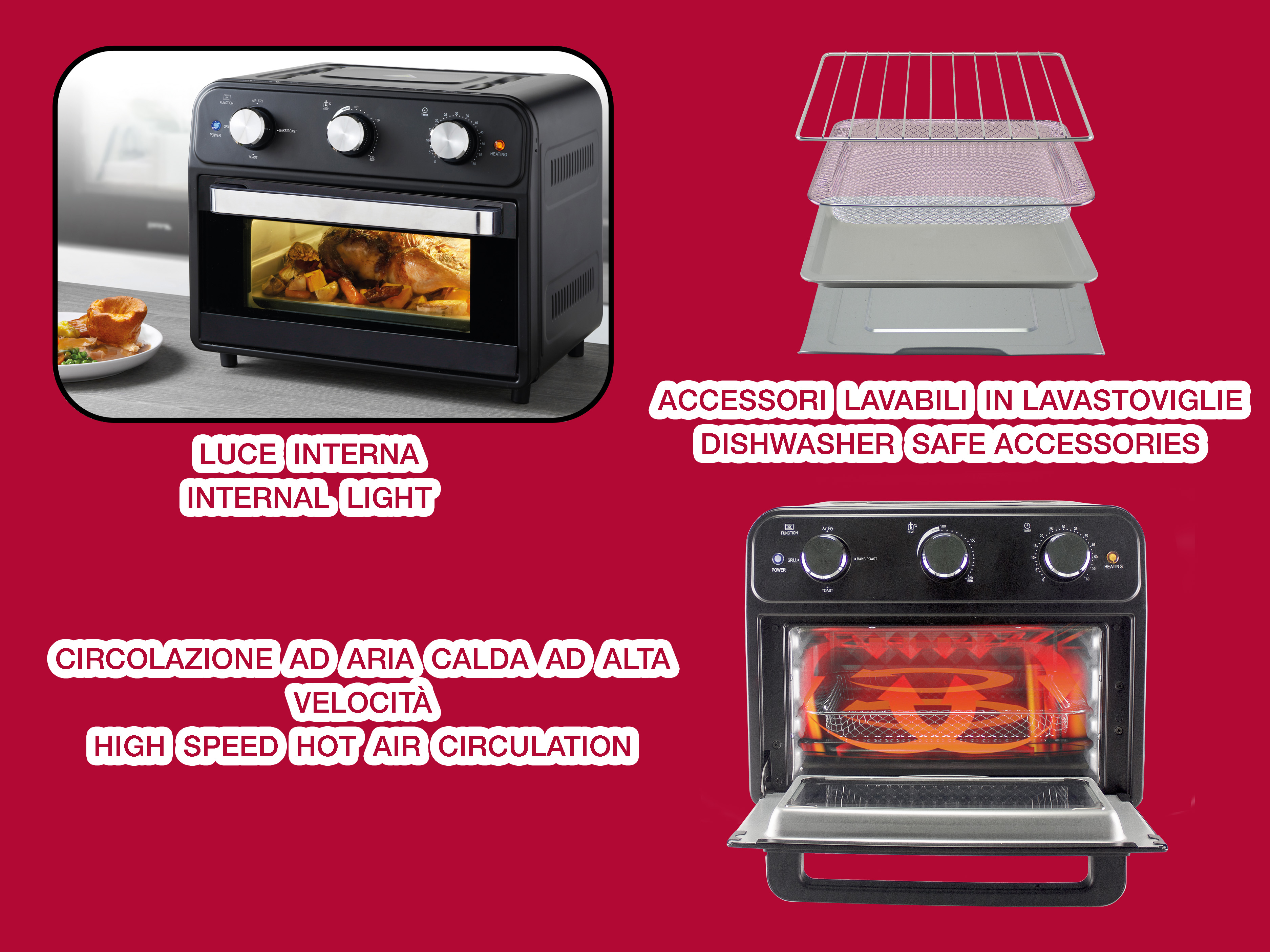 Friggitrice ad aria nera con accessori, pollo arrosto. Testo in italiano e inglese.