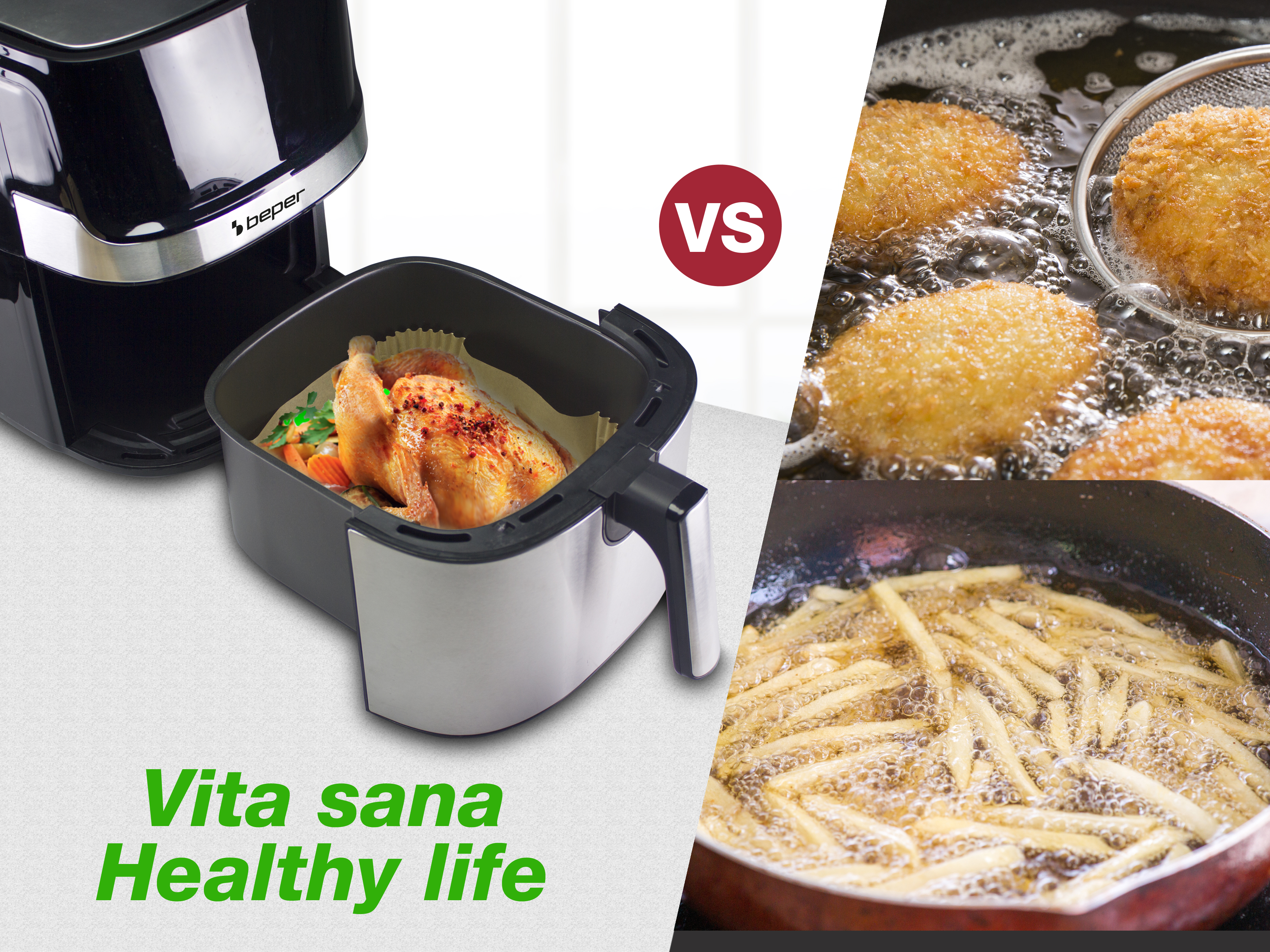 Una friggitrice ad aria con pollo arrosto contro cibo fritto. Testo: Vita sana, vita sana. Logo: Beper. È presente un segno 'VS'.