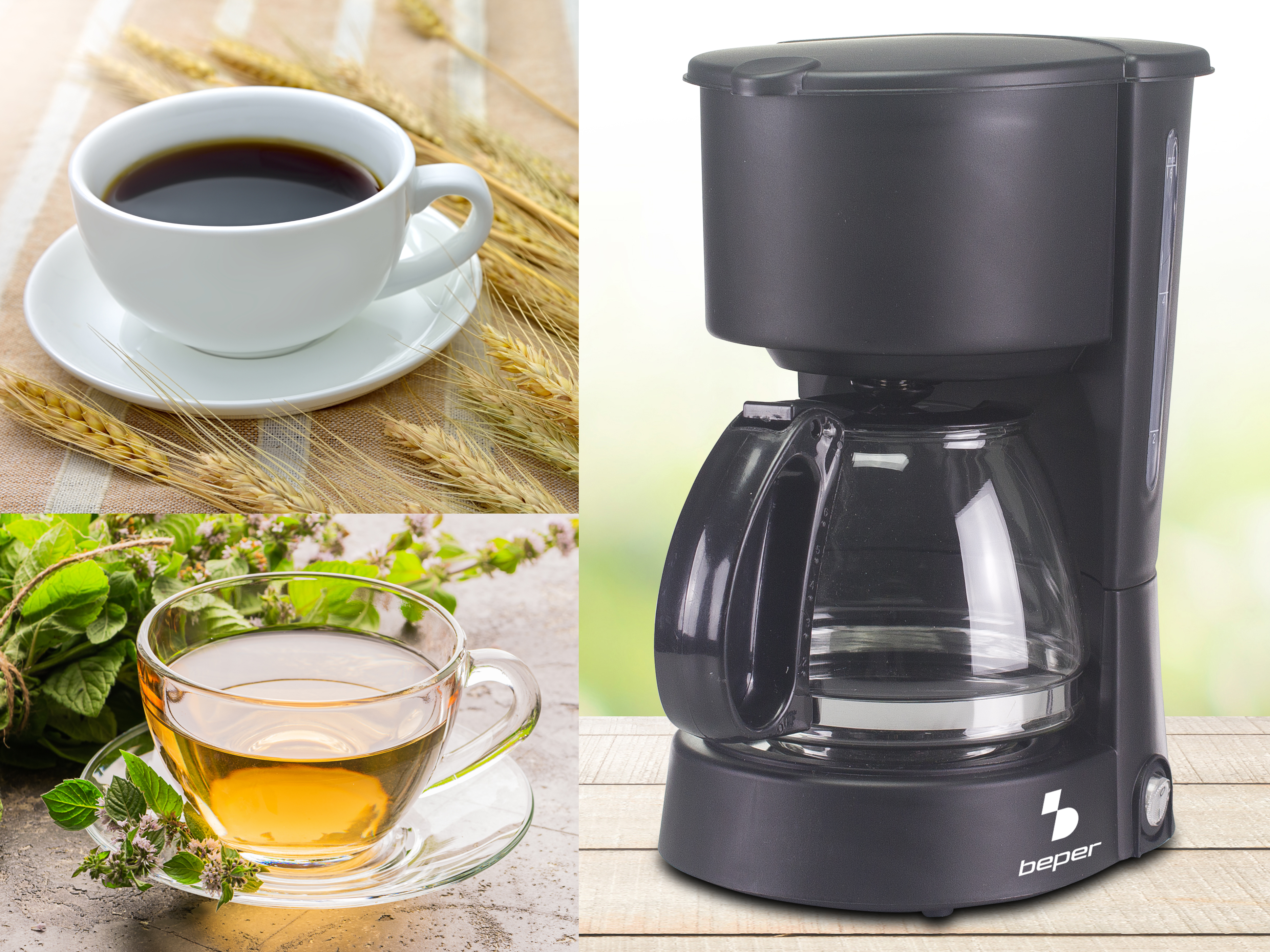 L'immagine mostra caffè e tè. Una tazza di caffè, una tazza di tè e una macchina per il caffè. Sono presenti spighe di grano.