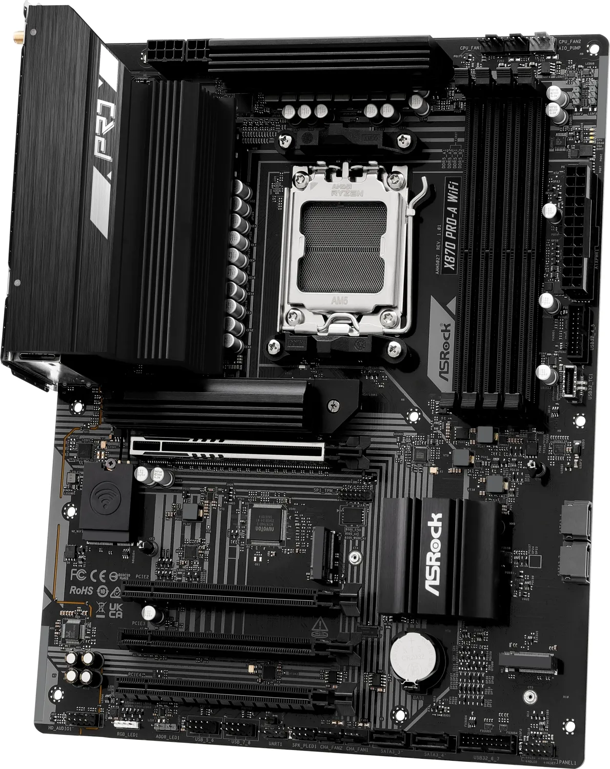 Carte mère ASRock X670E Pro RS noire. Comprend un socket CPU, des emplacements RAM et divers ports. Inclut le logo ASRock.
