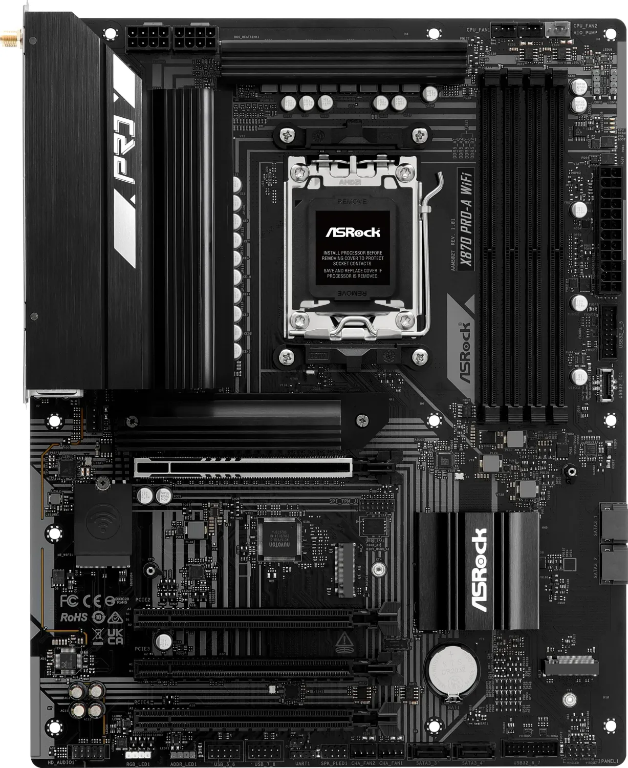Carte mère noire ASRock X870 PRO-A WiFi avec composants, y compris fentes, connecteurs et socket CPU.