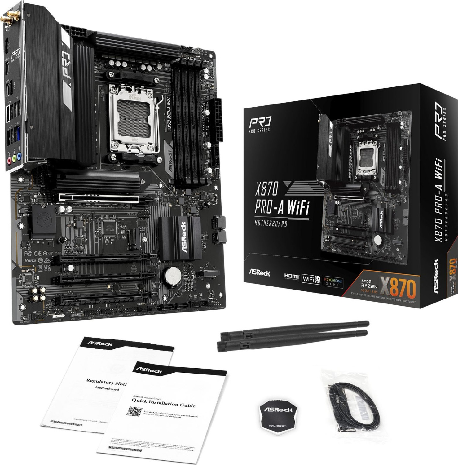 Une carte mère noire, une boîte, des antennes et des documents sont affichés. La boîte indique X870 PRO-A WiFi. La carte mère est X870 PRO-A WiFi.