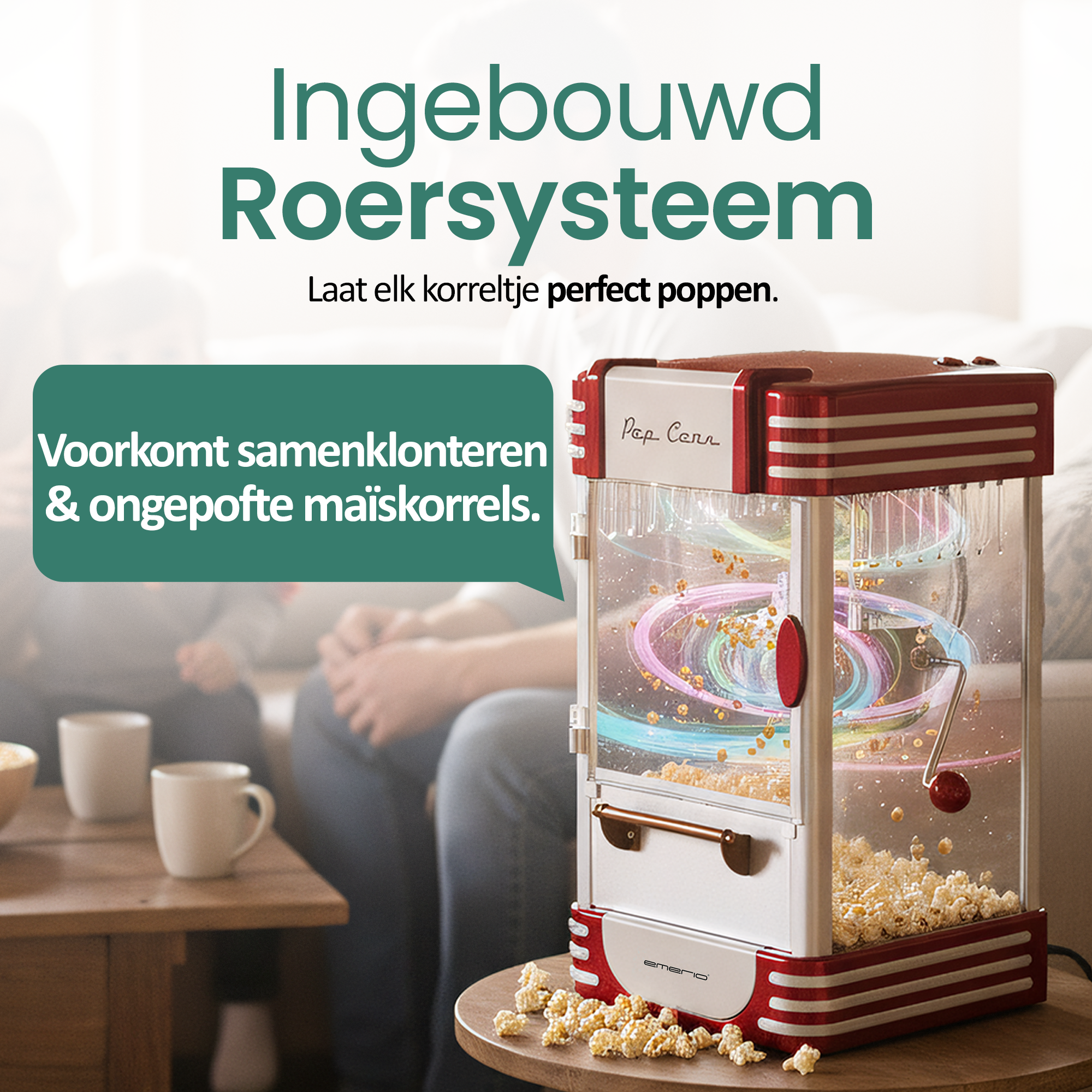 Ein Popcorn-Maker auf einem Tisch mit Popcorn drumherum. Es hat rote und weiße Details.