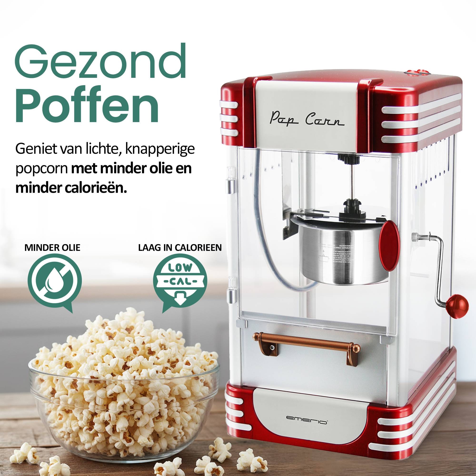 Ein rot-weißer Popcorn-Maker mit einer Glasschüssel Popcorn auf einem Holztisch. Text auf Niederländisch: Gesundes Popcorn.