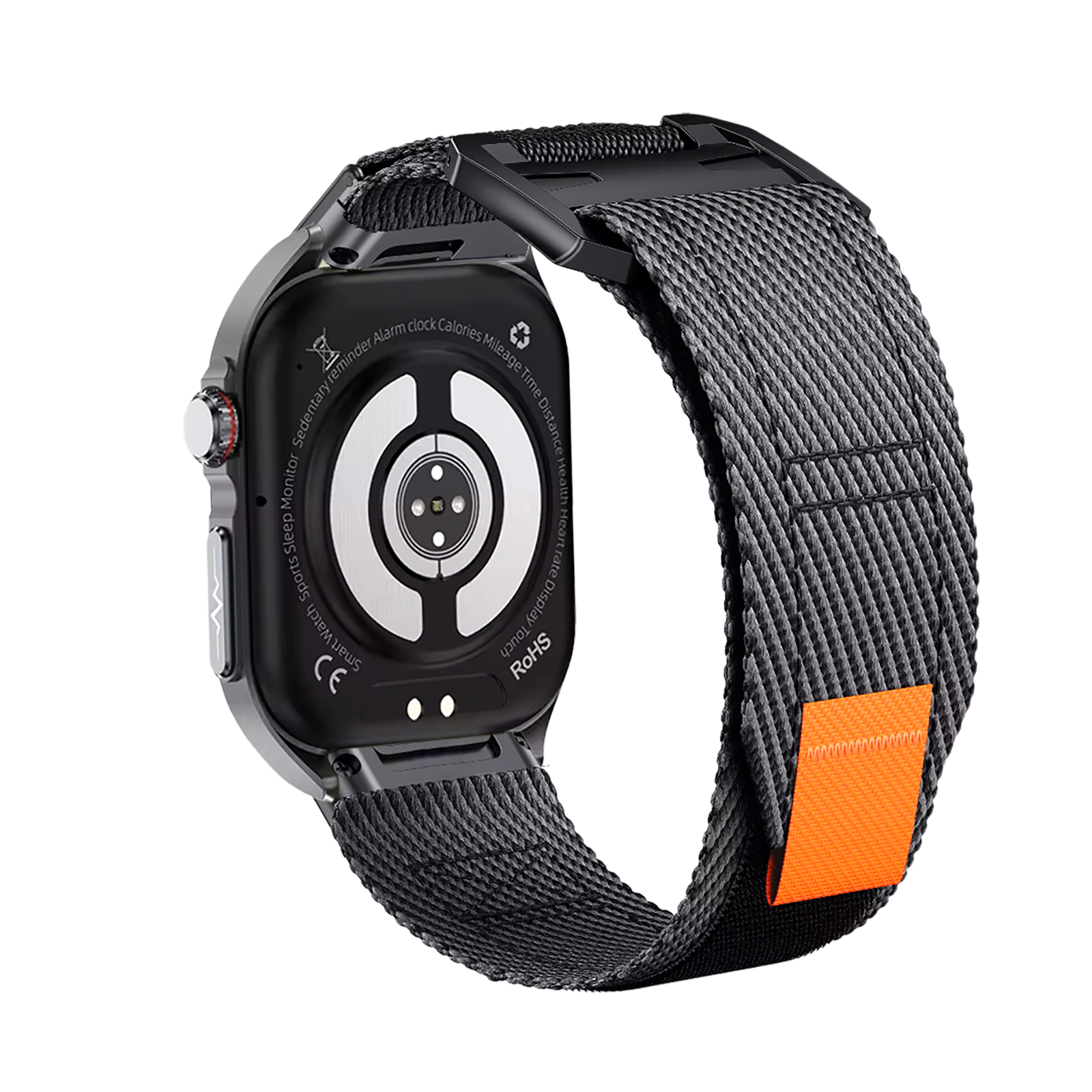 Eine schwarze Smartwatch mit grauem Armband und orangefarbenem Akzent. Das Zifferblatt ist schwarz mit weißen kreisförmigen Details.