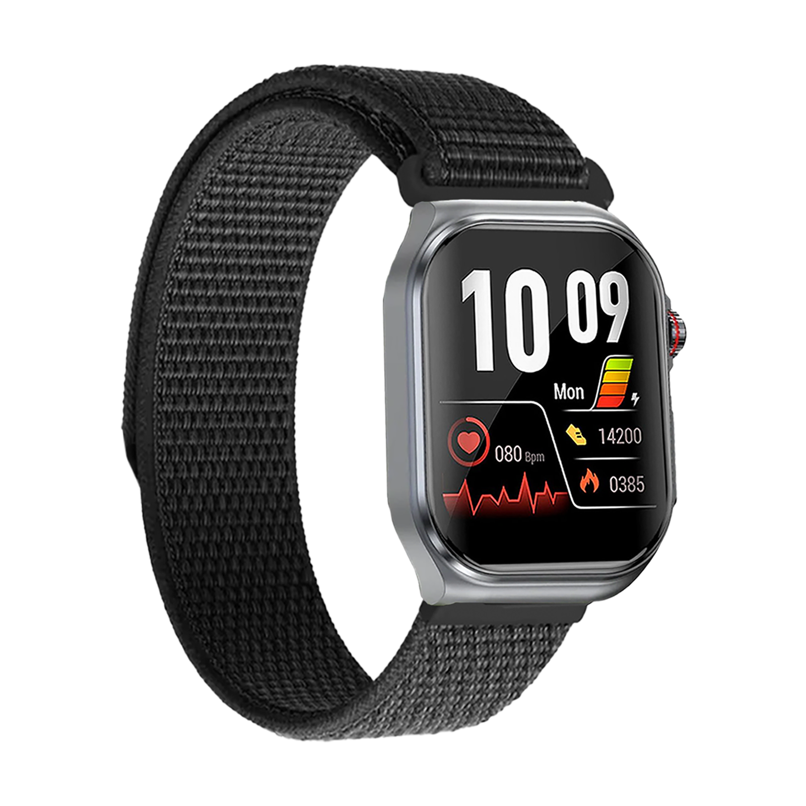 Eine Smartwatch mit schwarzem Armband. Der Bildschirm zeigt Zeit, Herzfrequenz, Schritte und Kalorien an.