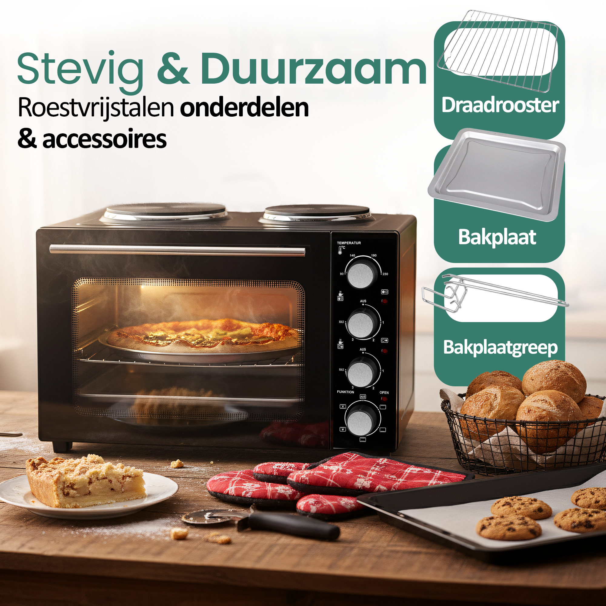 Een oven met een pizza erin, naast accessoires en bakwaren zoals brood en koekjes, op een houten tafel.