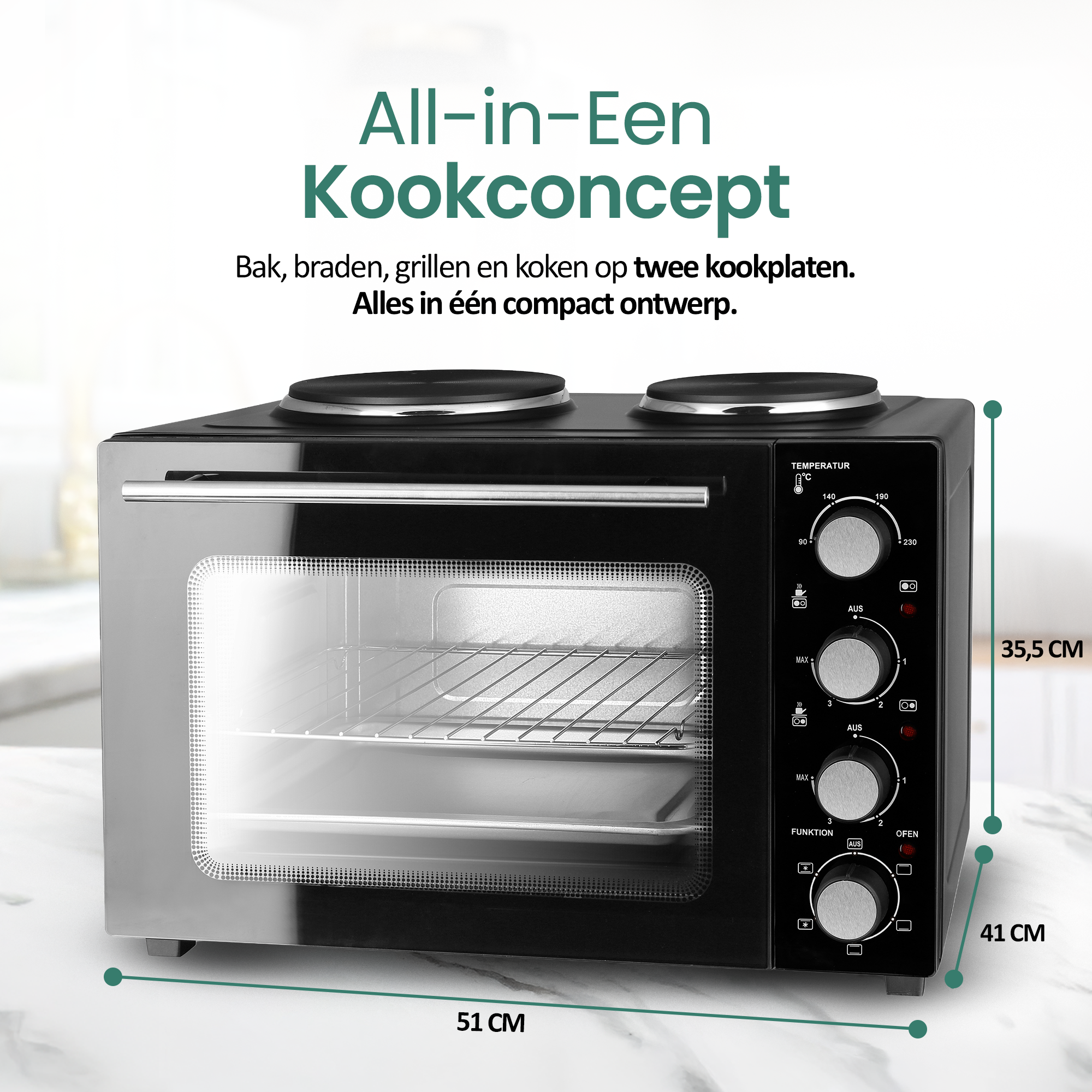 Zwart alles-in-één keukenapparaat met twee kookplaten, een oven en bedieningsknoppen. Afmetingen zijn aangegeven.