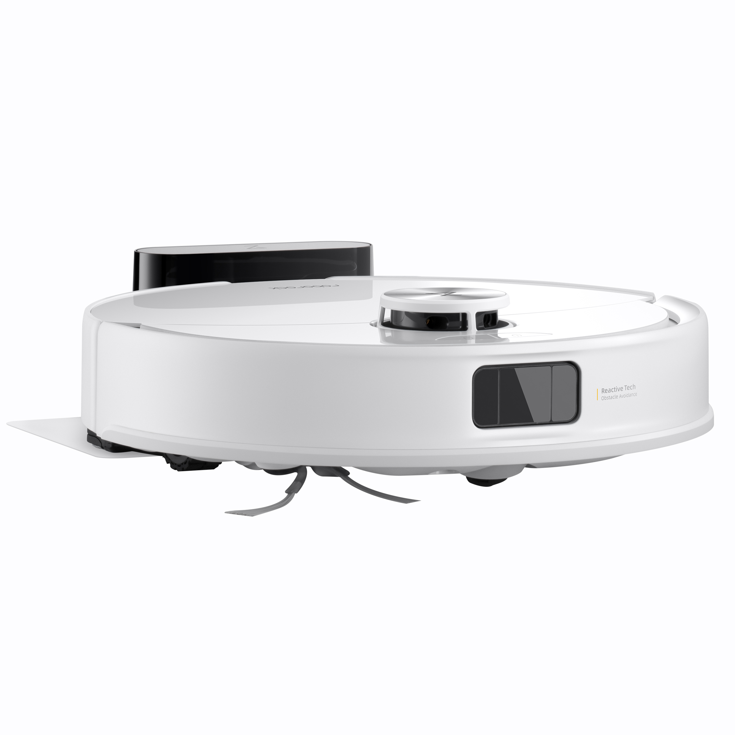 Witte robotstofzuiger met zwarte bovenkant en sensoren. Het heeft borstels en staat op een witte achtergrond.