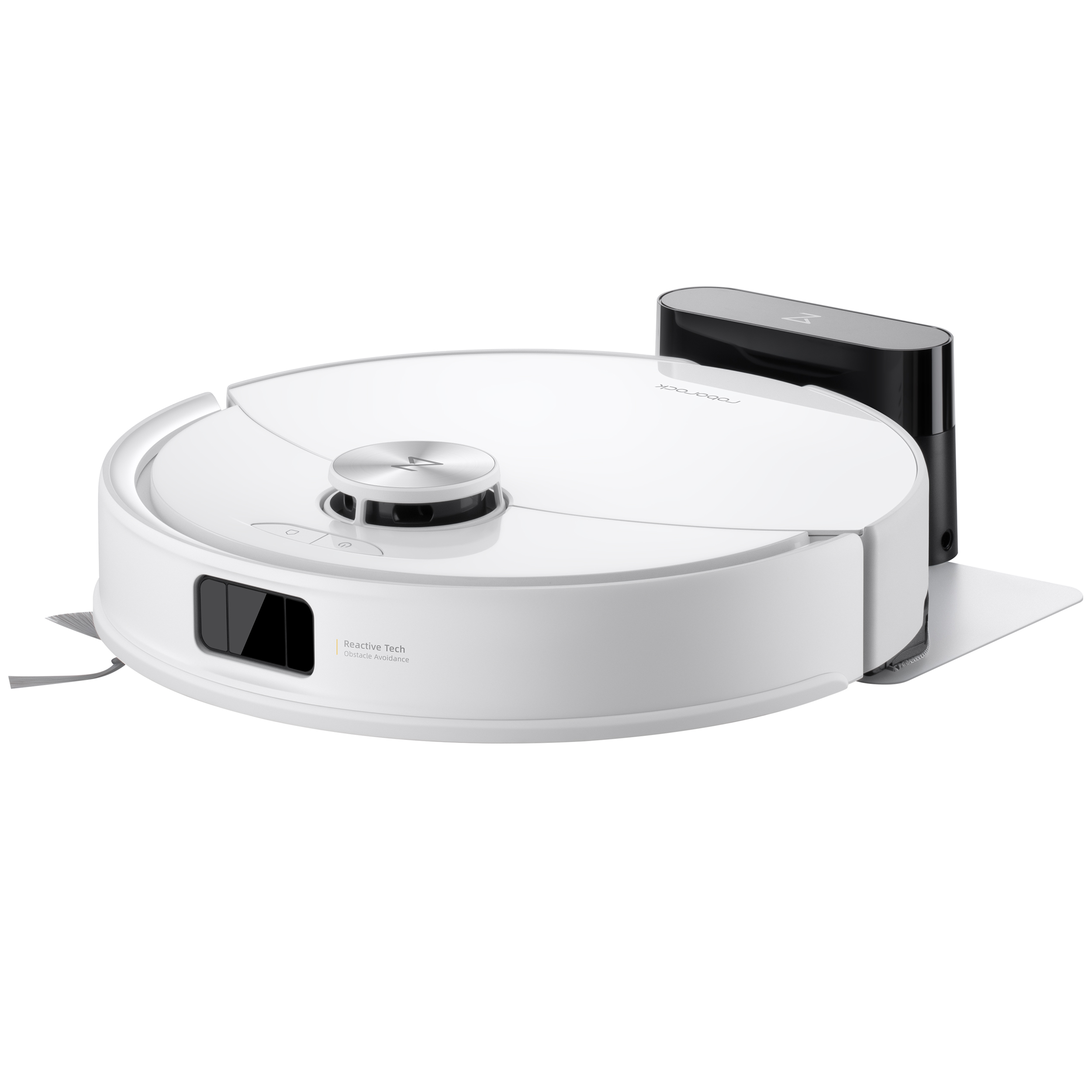 Een witte robotstofzuiger met een zwart laadstation. Op een witte achtergrond. De stofzuiger heeft Reactive Tech.