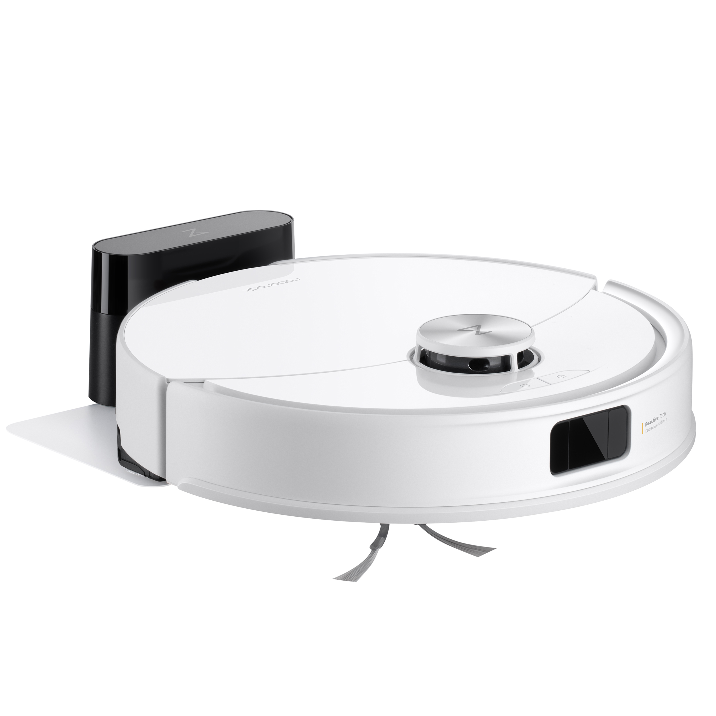 Een witte robotstofzuiger met een zwart oplaadstation. Voorzien van een cirkelvormig ontwerp en schoonmaakborstels.