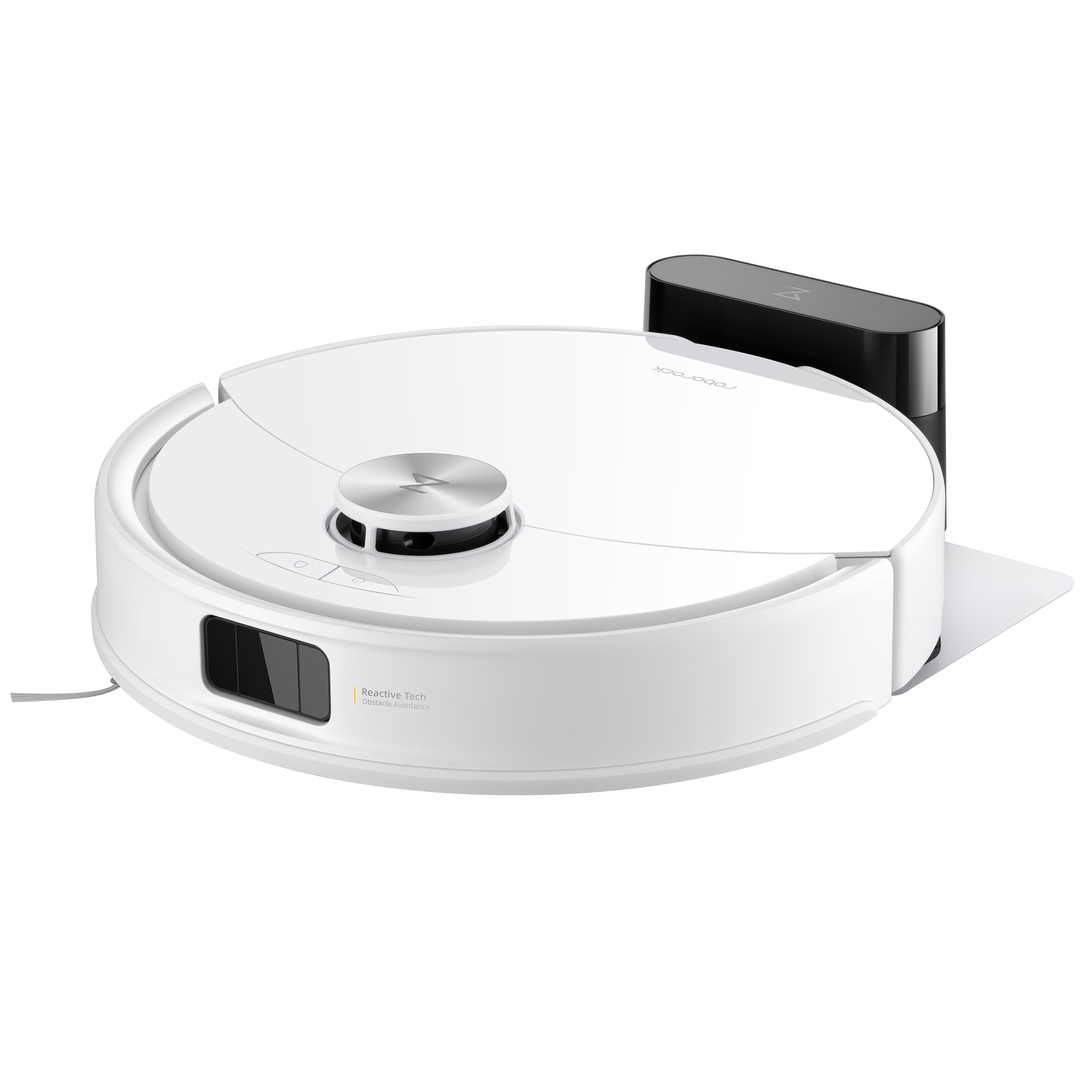 Een witte robotstofzuiger met een zwart oplaadstation op een witte achtergrond. De robot heeft een zilveren knop.