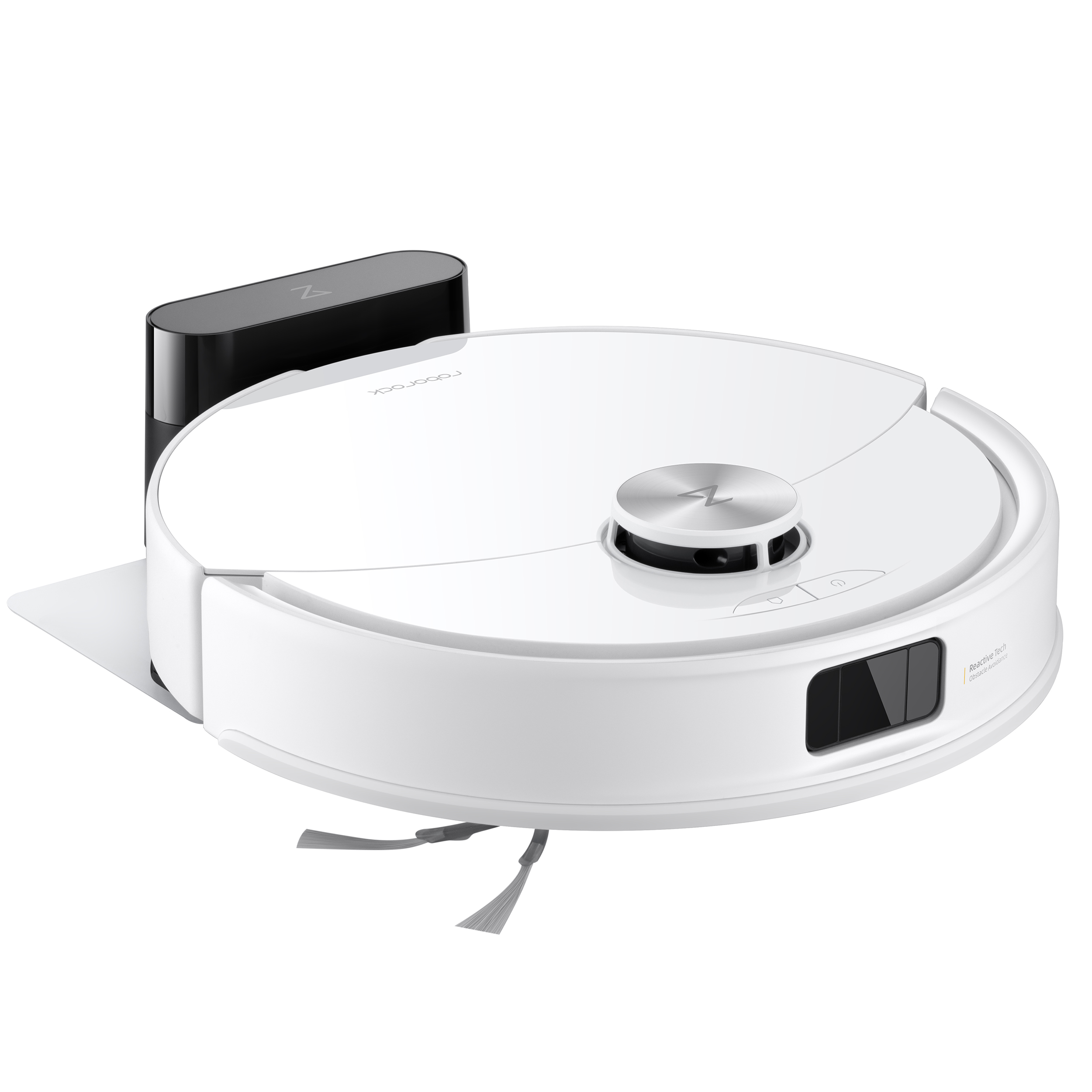 Een witte robotstofzuiger met een zwart oplaadstation en twee grijze borstels.