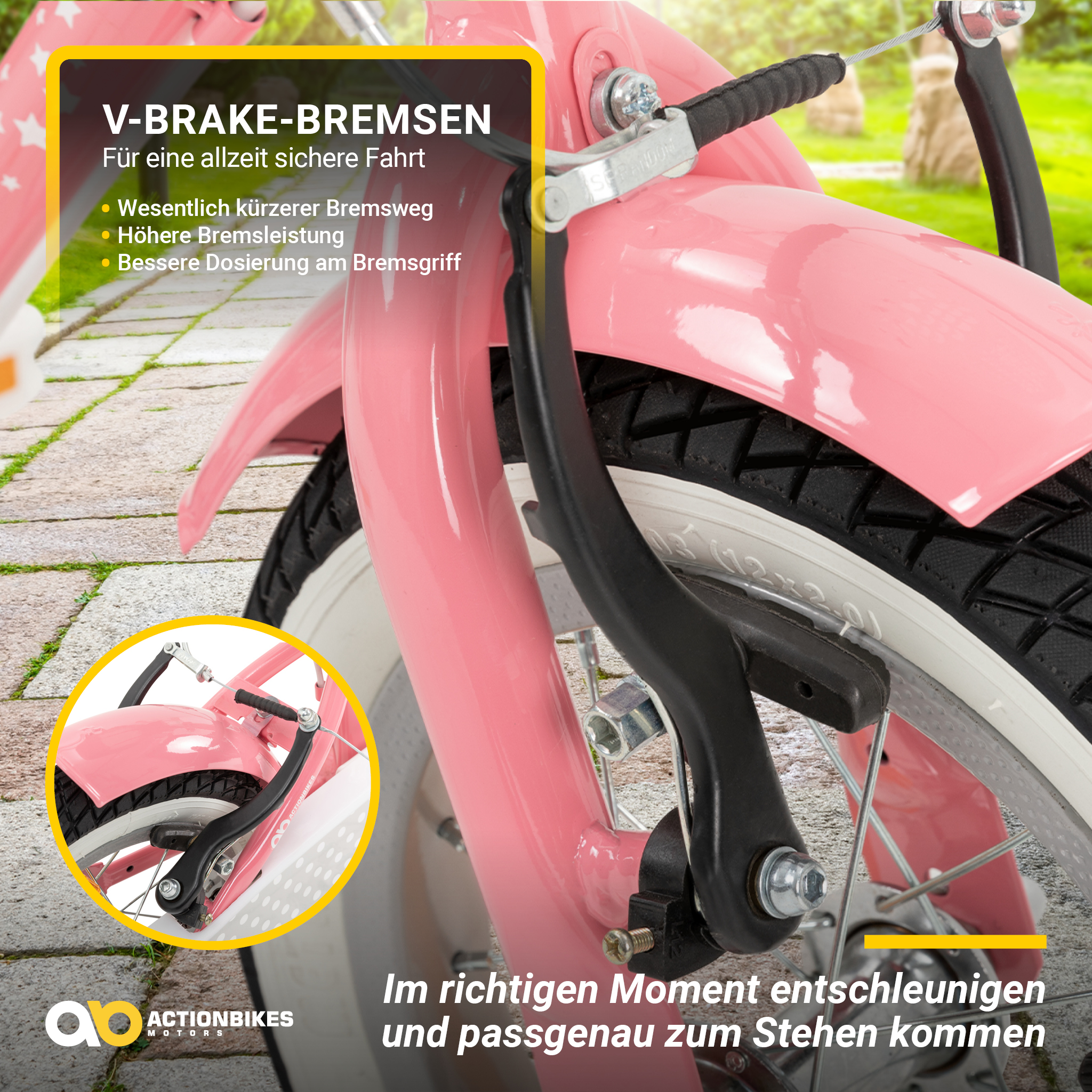 Das V-Bremssystem eines rosa Fahrrads wird gezeigt. Text hebt kürzeren Bremsweg, bessere Leistung und präzise Steuerung hervor.