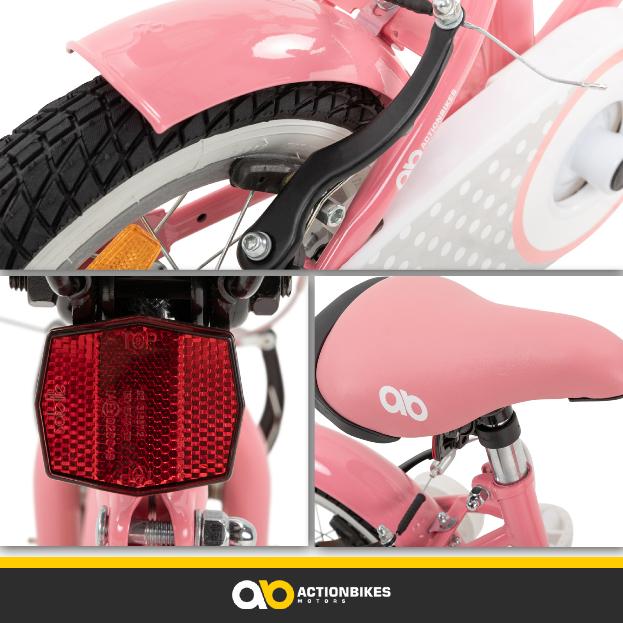 Nahaufnahme eines rosa Actionbikes-Fahrrads. Details umfassen Reifen, Kotflügel, Sattel und roten Reflektor.