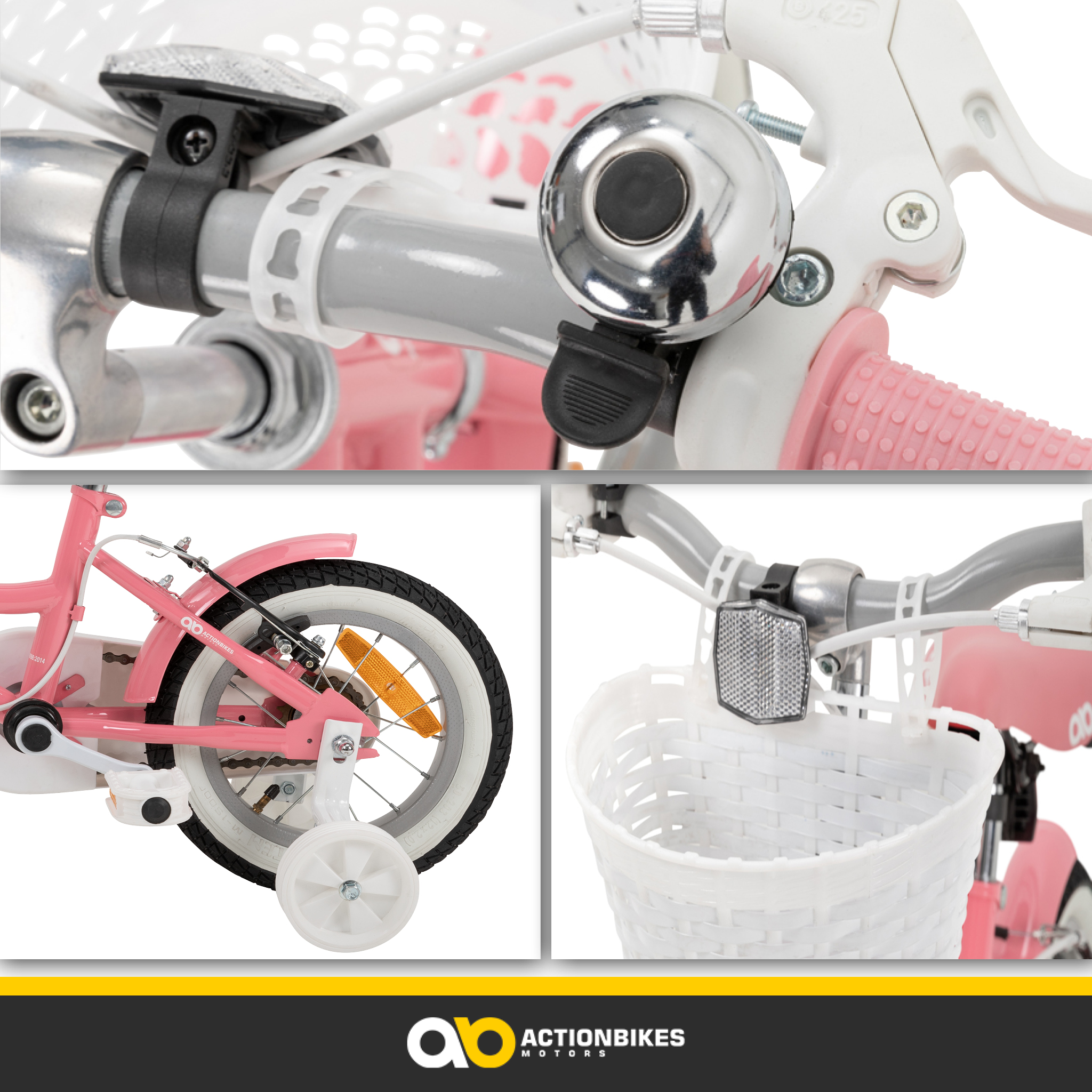 Nahaufnahme eines rosa Kinderfahrrads mit weißen Akzenten. Enthält einen Korb, eine Klingel und Stützräder. Der Hintergrund ist weiß.