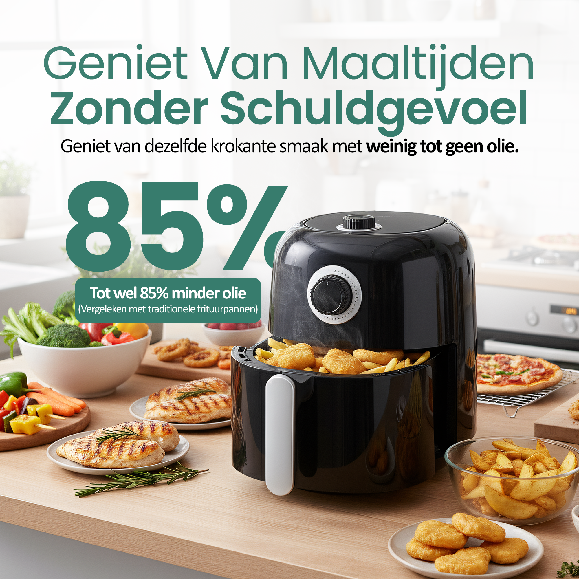 Een airfryer met eten, waaronder kip en friet, op een houten tafel. Tekst zegt: Geniet van maaltijden zonder schuldgevoel.