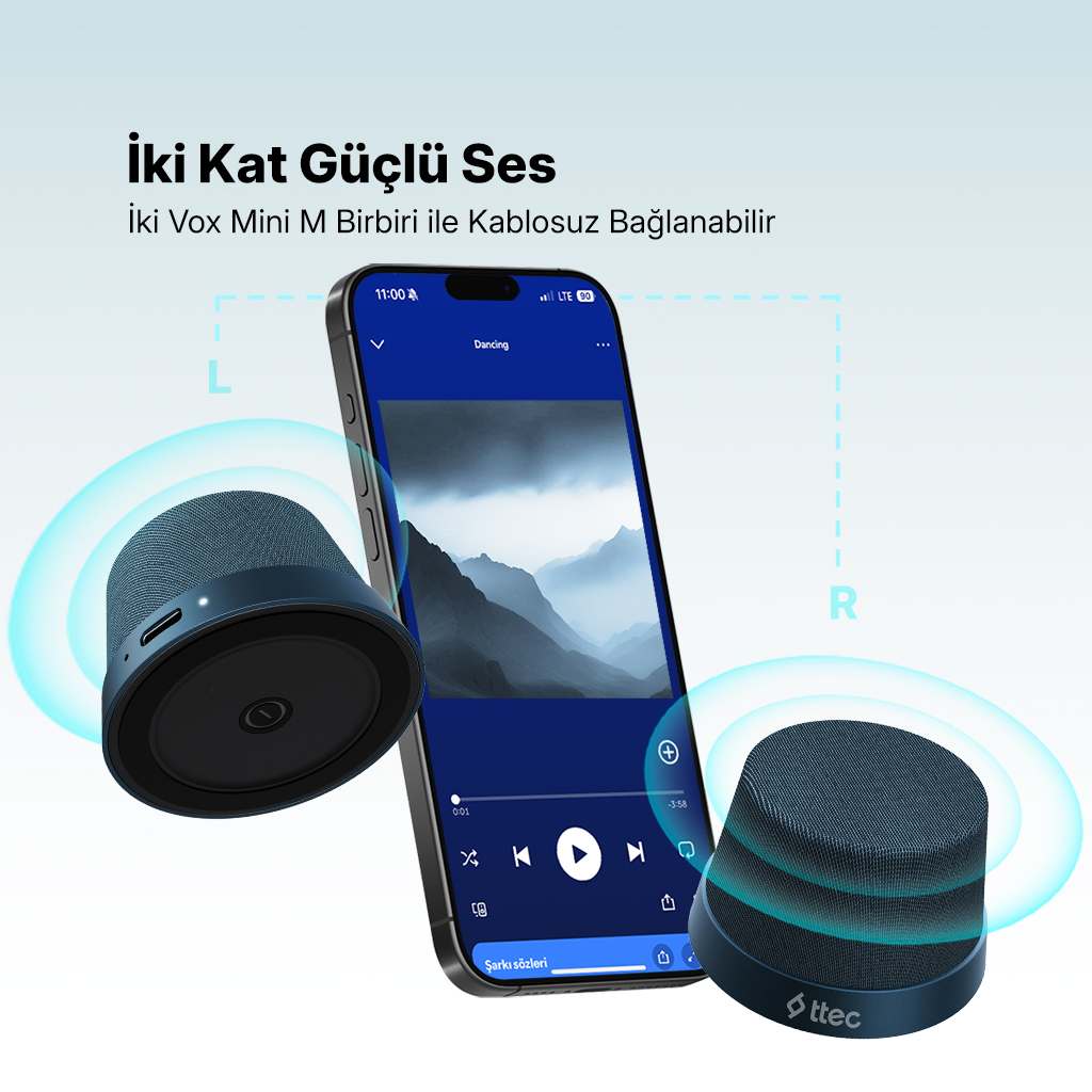 İki hoparlör ve manzara ve müzik kontrolleri gösteren bir telefon. Metin 'Çift Güçlü Ses' ve 'Kablosuz Bağlantı' diyor.
