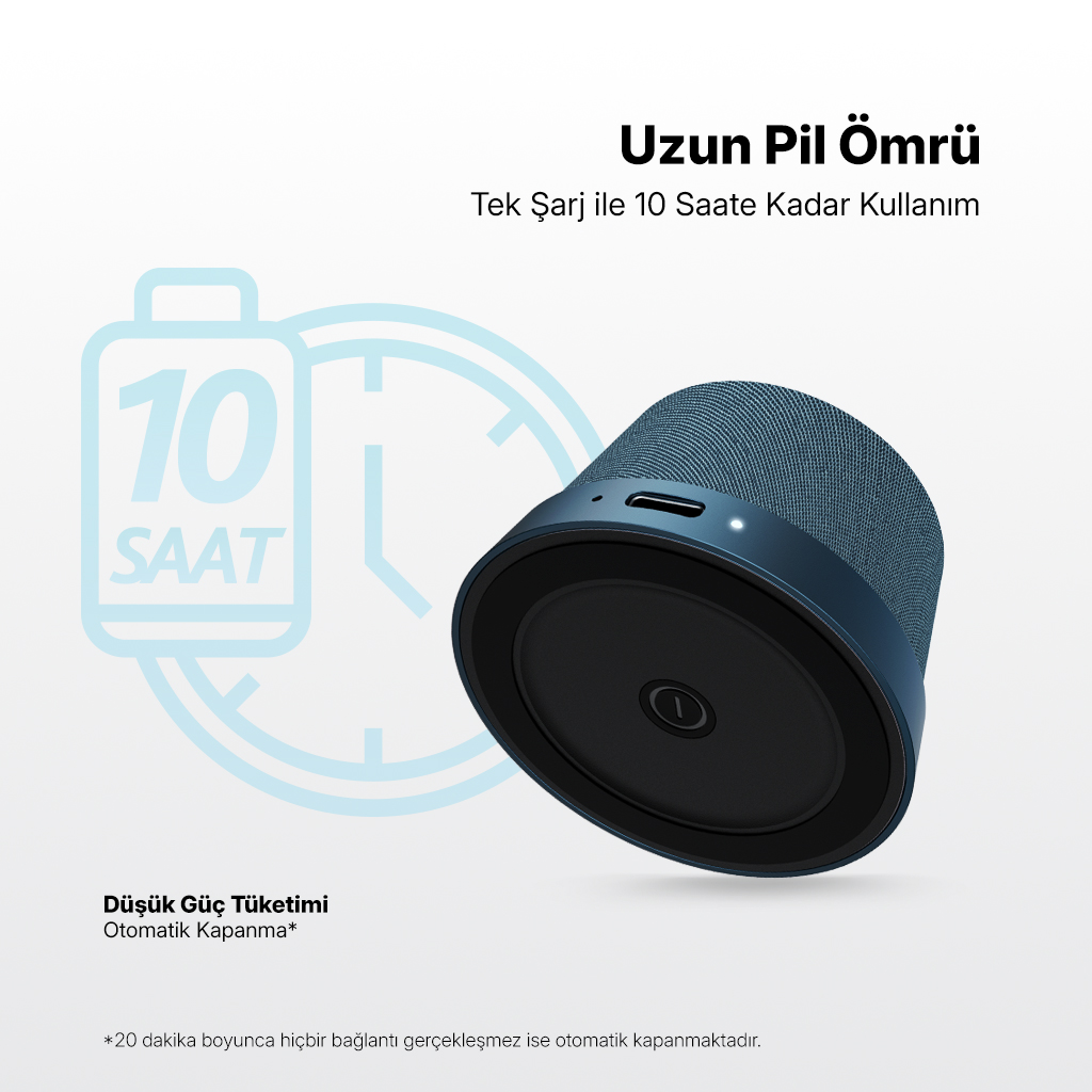 10 saat pil ömrü iddiası olan mavi bir hoparlör. Metin 'Uzun Pil Ömrü' ve 'Tek şarjla 10 saate kadar kullanım' ifadelerini içerir.