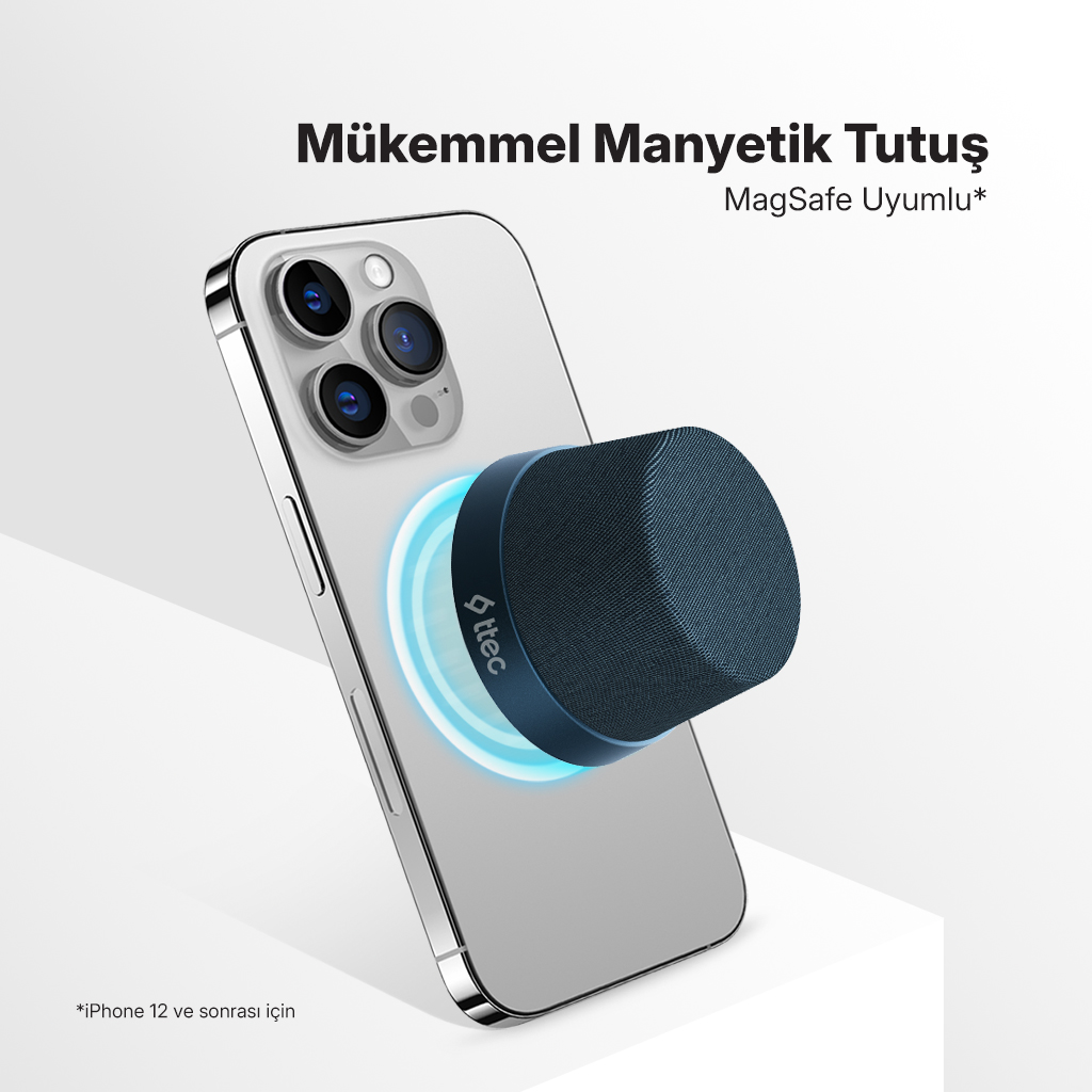 Mavi bir MagSafe tutamağı olan bir telefon. Metin 'Mükemmel Manyetik Tutuş' ve 'MagSafe Uyumlu' diyor. Tutamağın üzerinde 'ttec' logosu var.